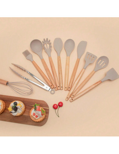 Juego de utensilios de cocina de silicona y madera
