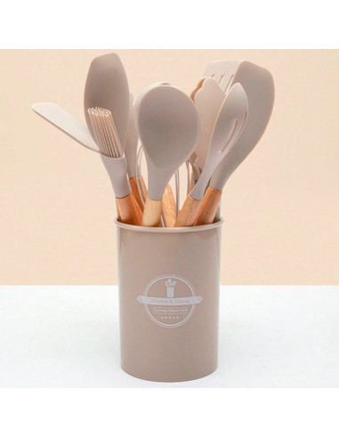 Juego de utensilios de cocina de silicona y madera