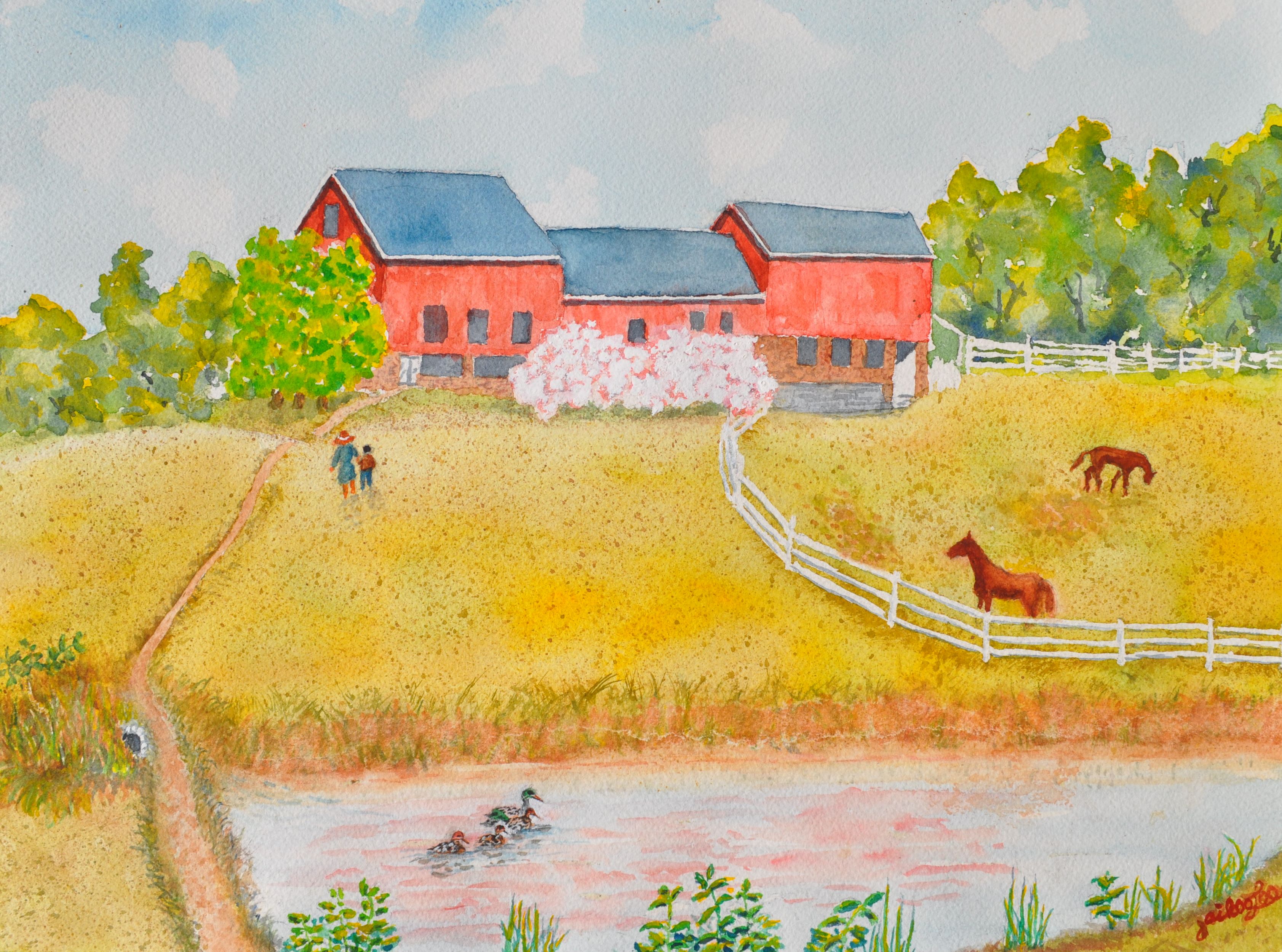 Farm With Horses and Ducklings with Mother Duck