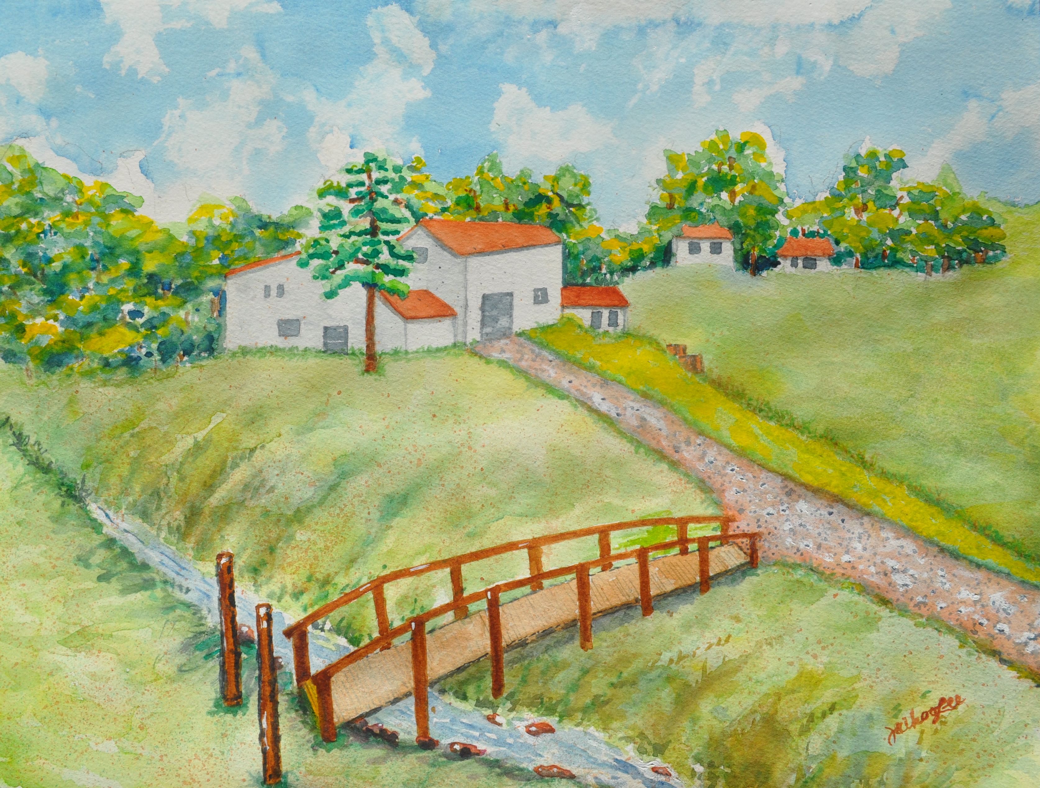 Wooden Bridge Over A Creek to the Farm