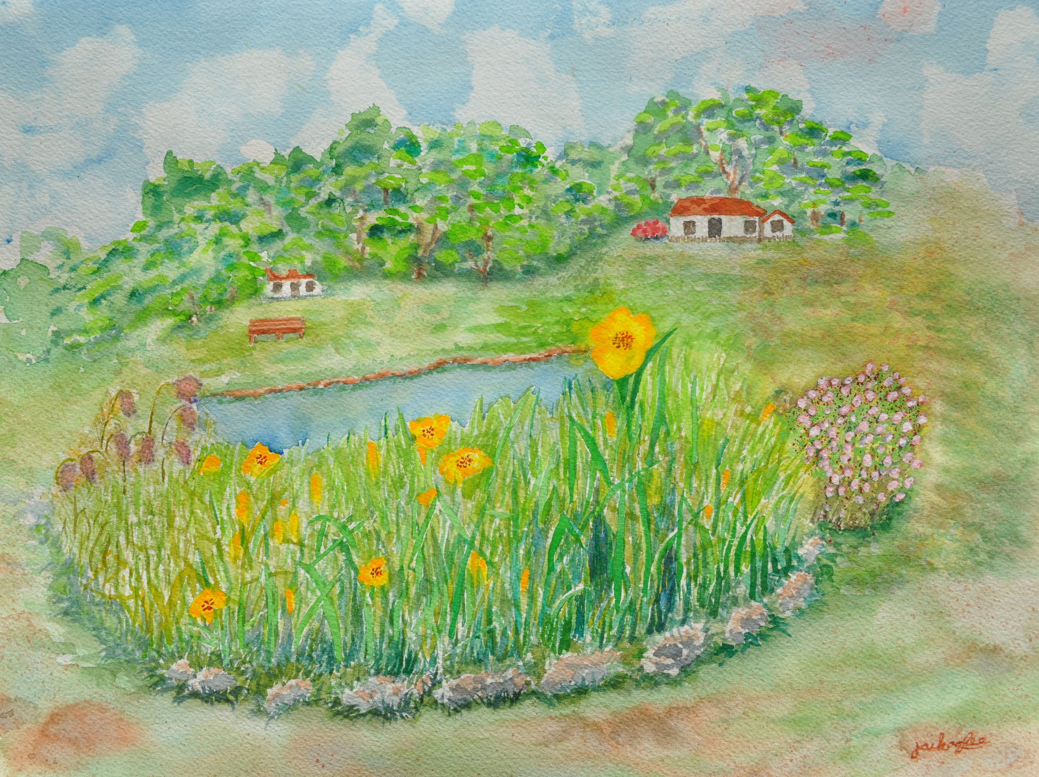 Two Farm Houses Behind Round Pond