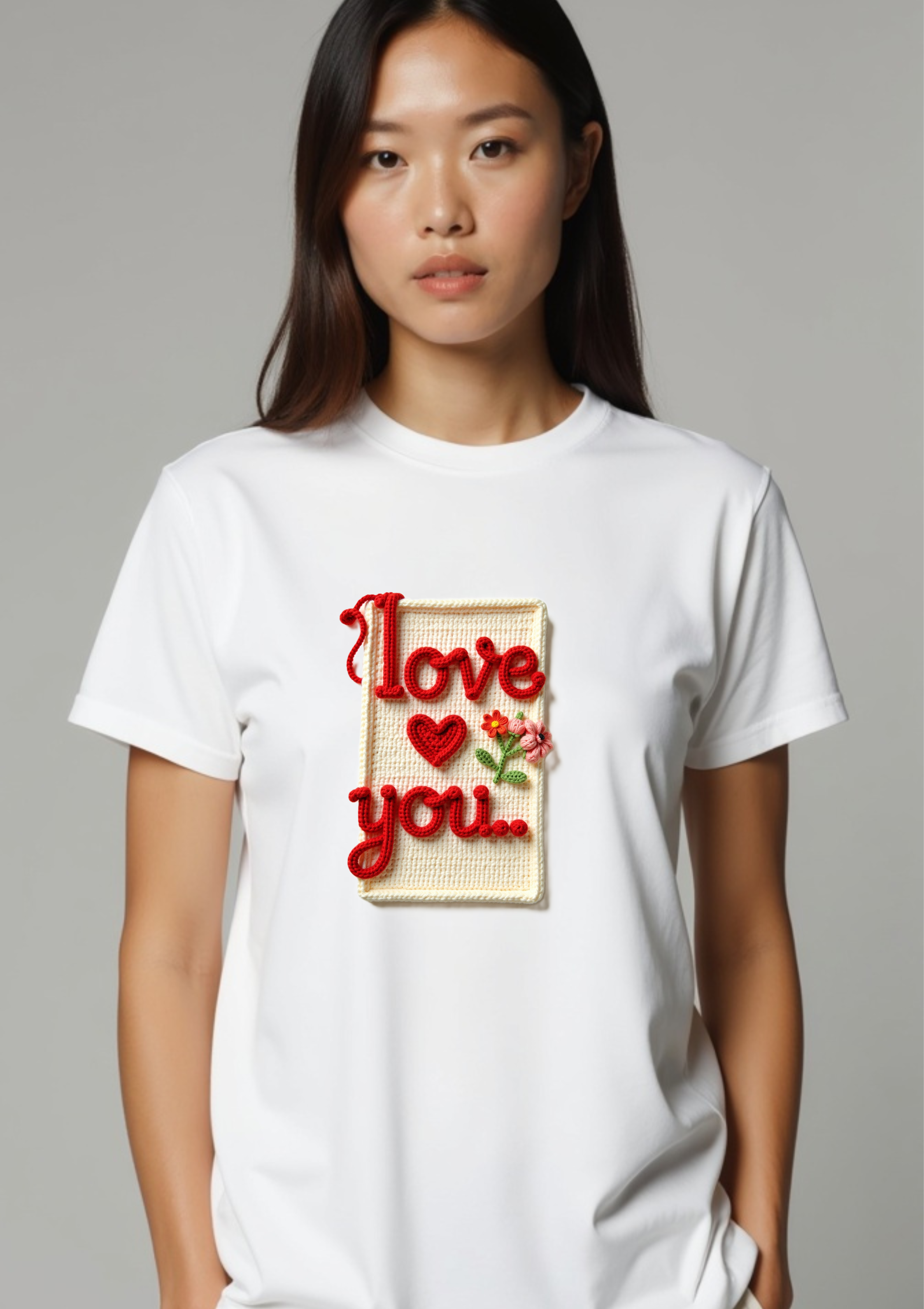 Playera con la frase I Love You estilo crochet