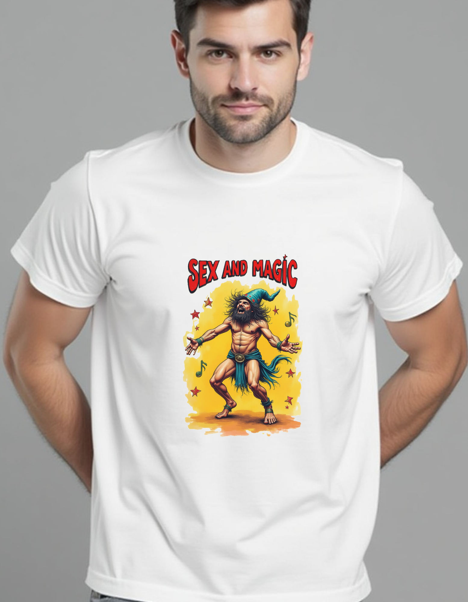 Playera con la frase Sex and Magic, estilo retro