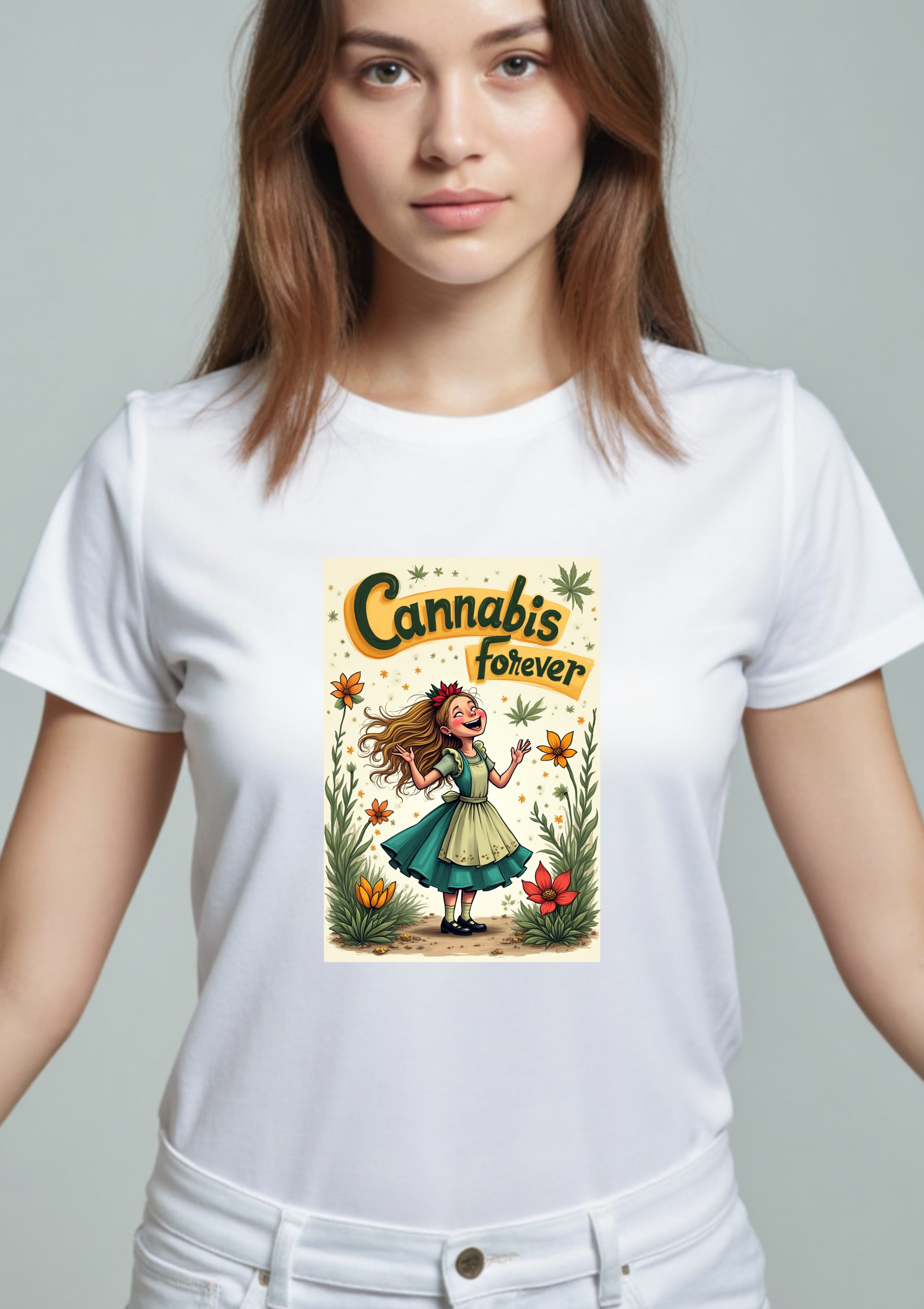 Playera Alice Cannabis Forever en estilo arte retro