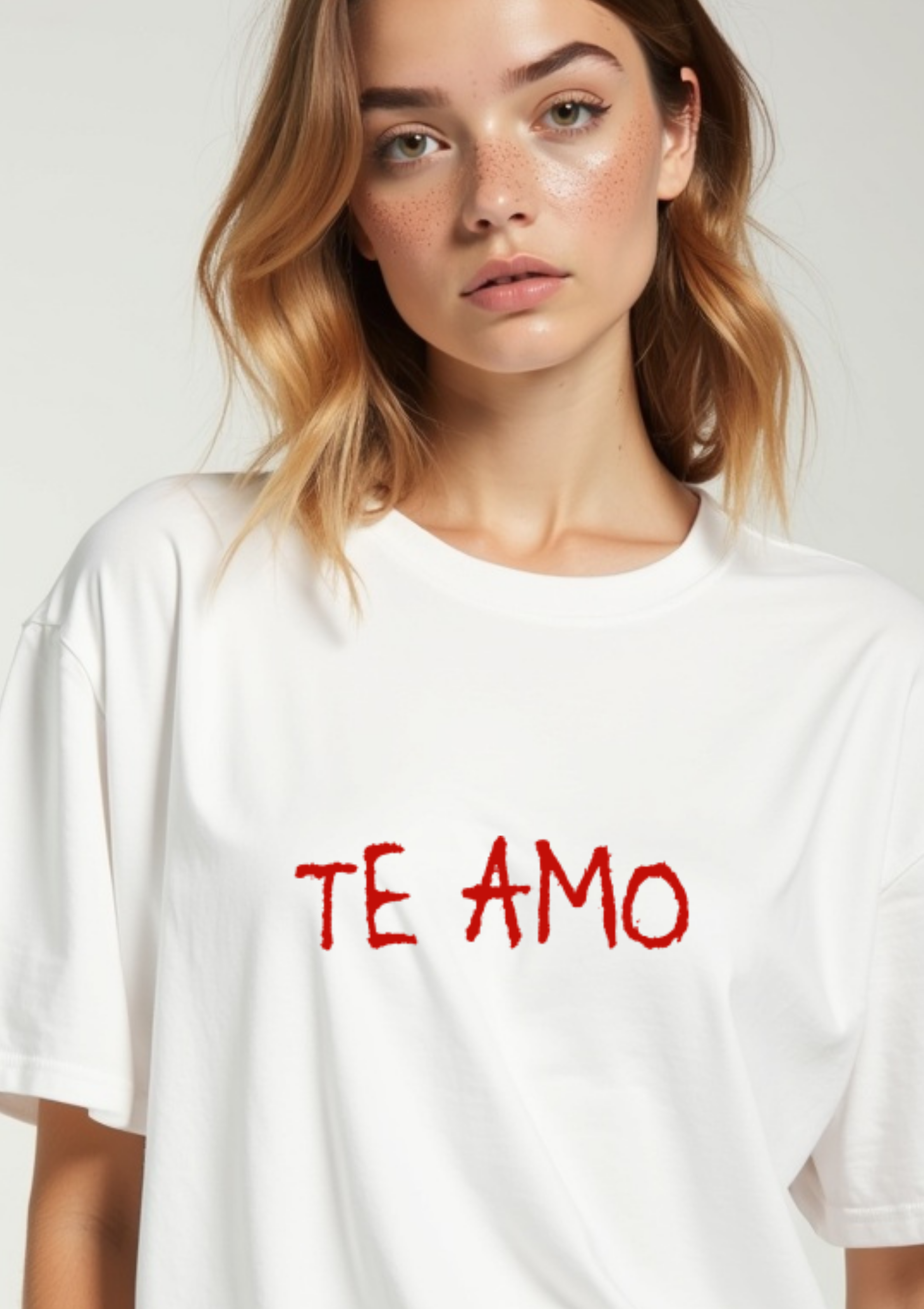 Playera con la frase Te Amo en letras rojas 