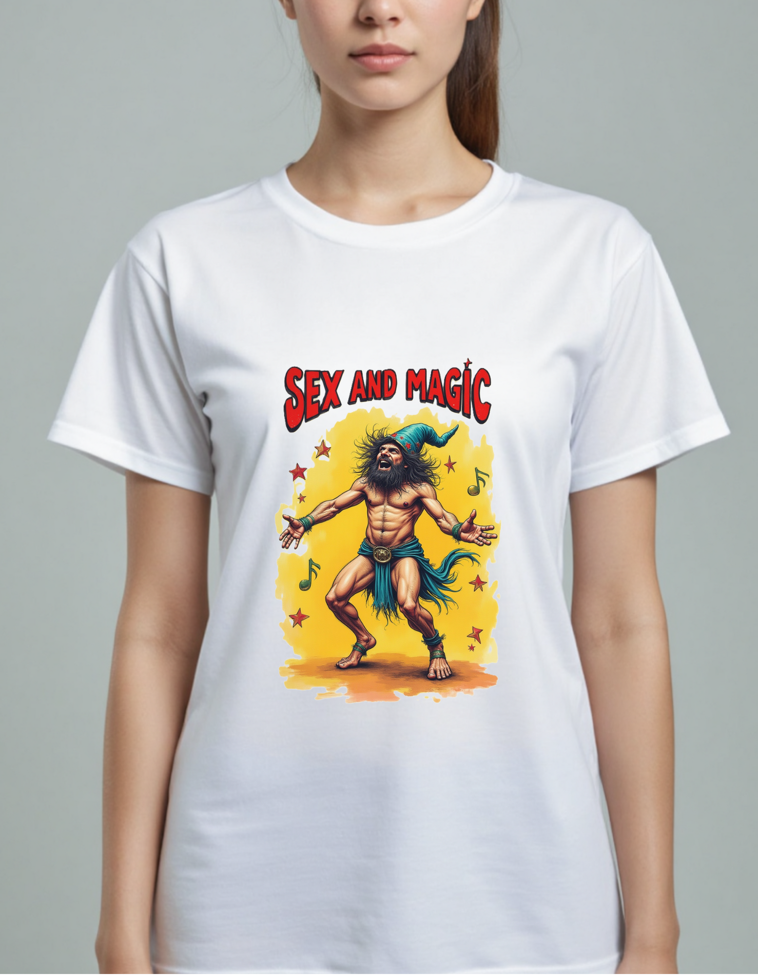 Playera con la frase Sex and Magic, estilo retro