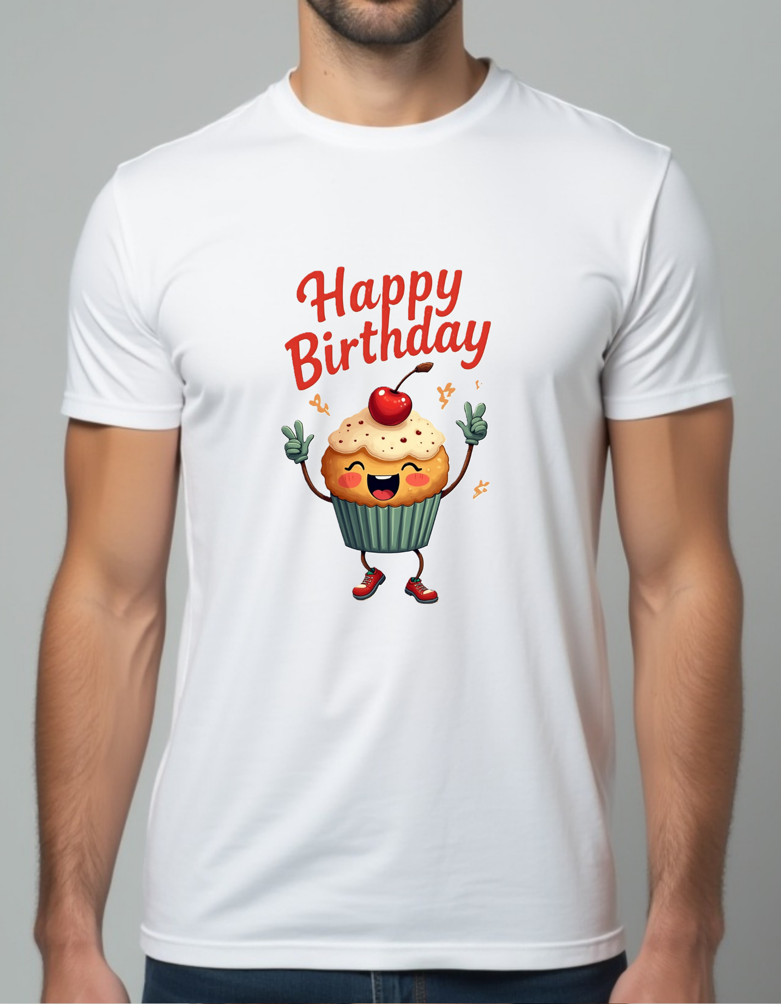 Playera con la frase Happy Birthday y un Cupcake, ideas para regalos