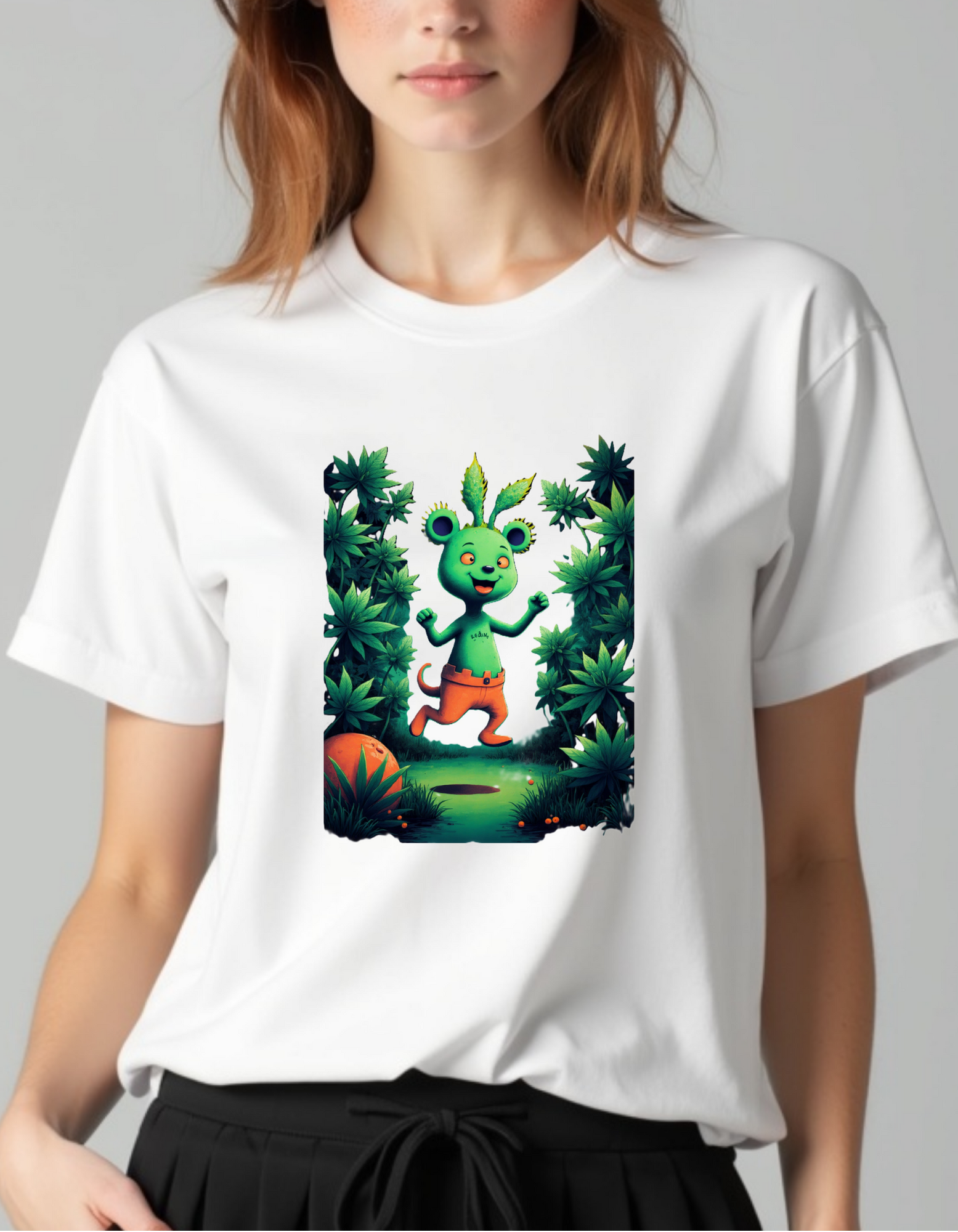 Playera con imagen de caricatura en un bosque de marihuana
