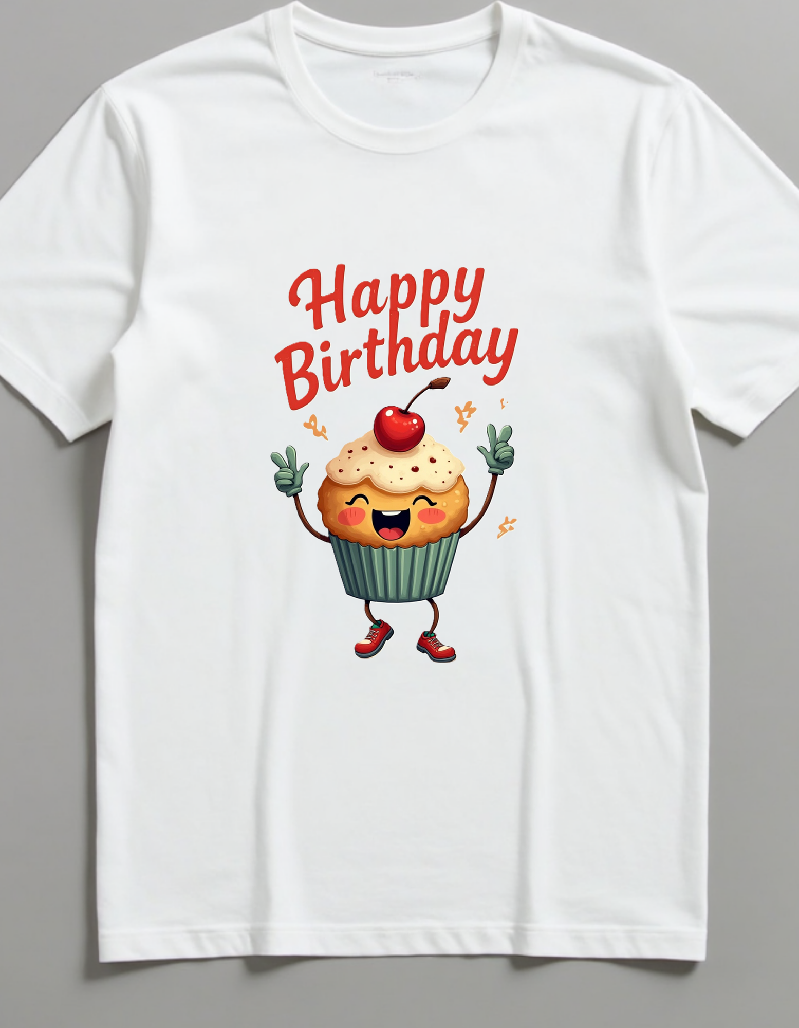 Playera con la frase Happy Birthday y un Cupcake, ideas para regalos
