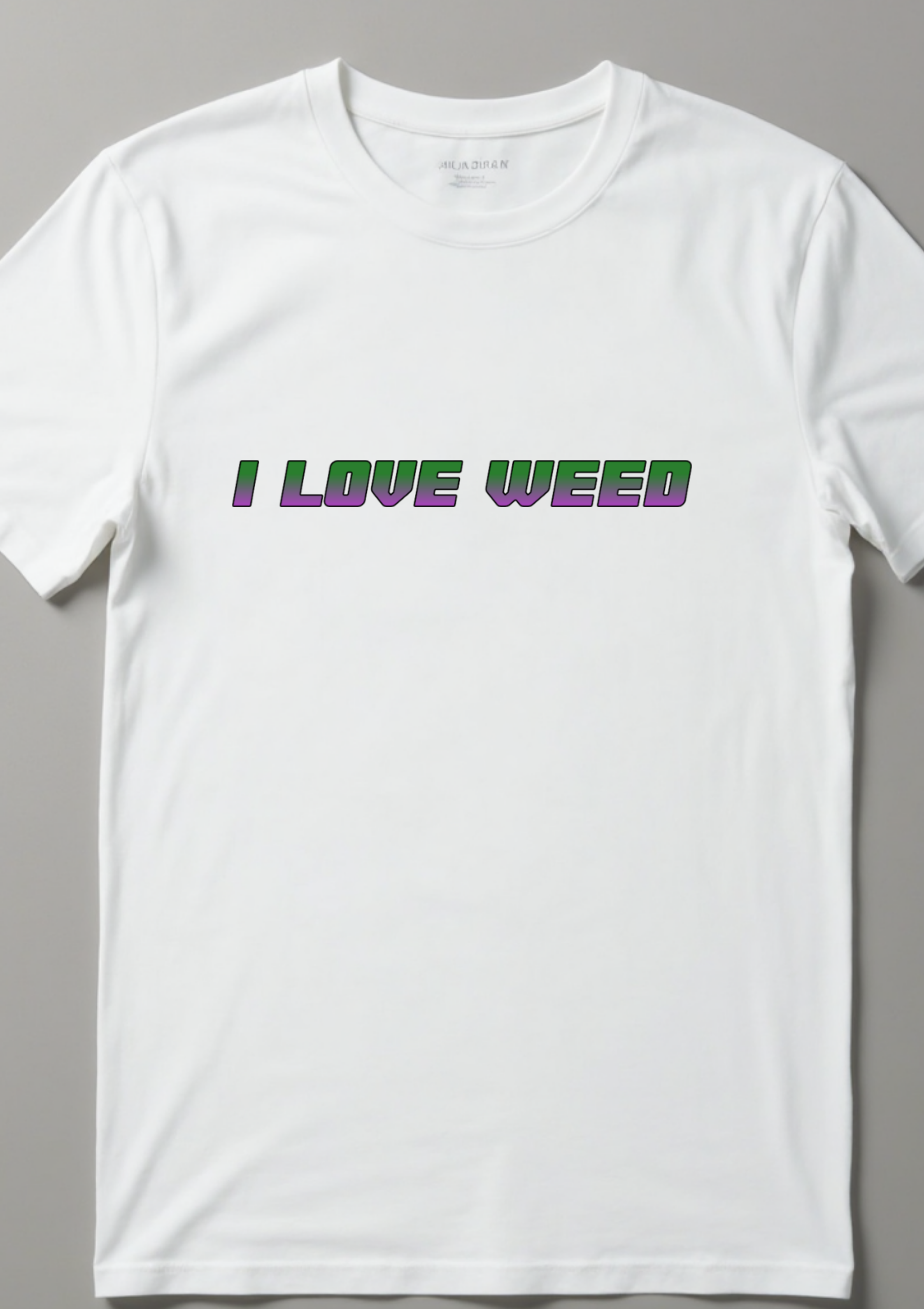 Playera con la frase I Love Weed en morado y verde retro futurista