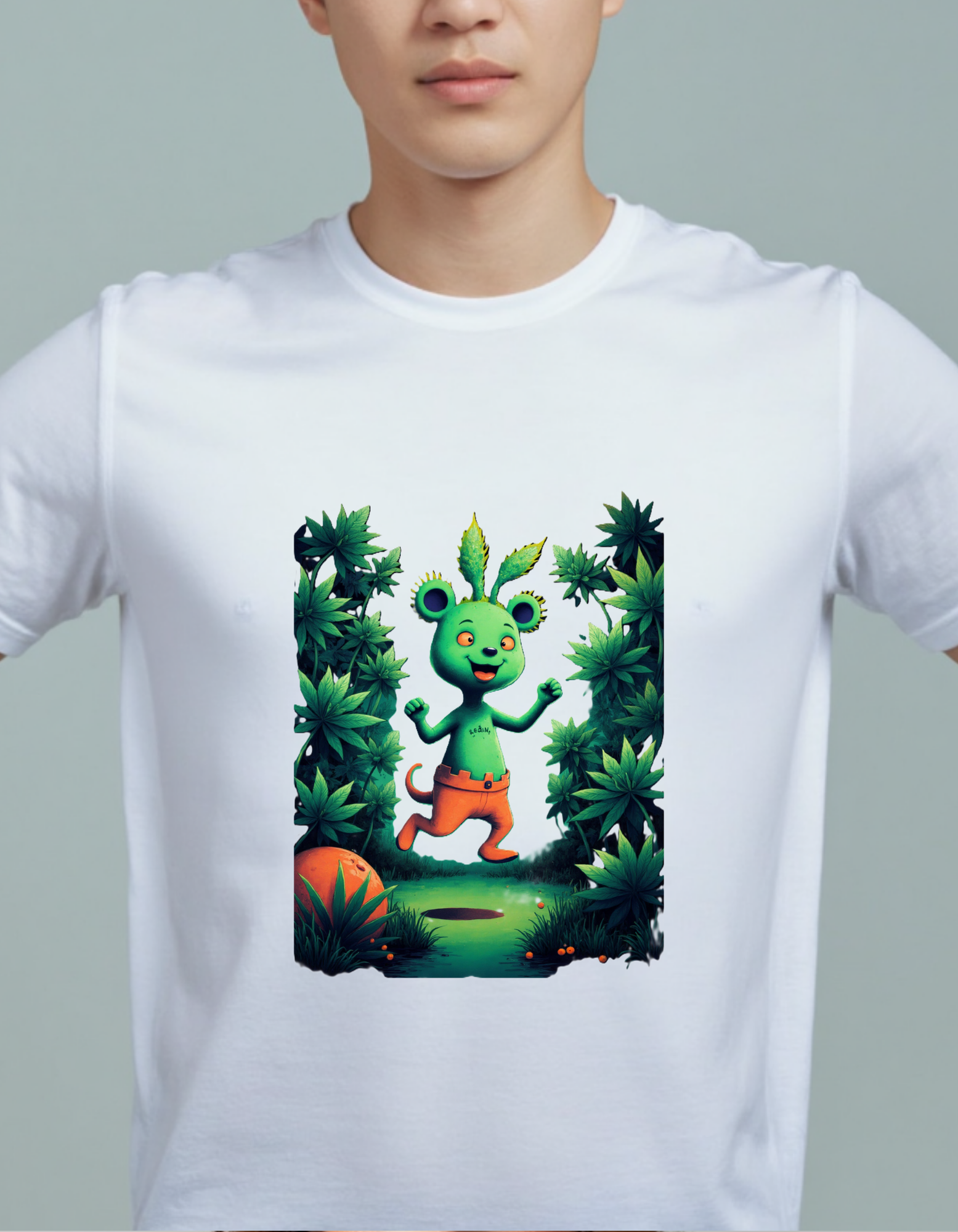 Playera con imagen de caricatura en un bosque de marihuana