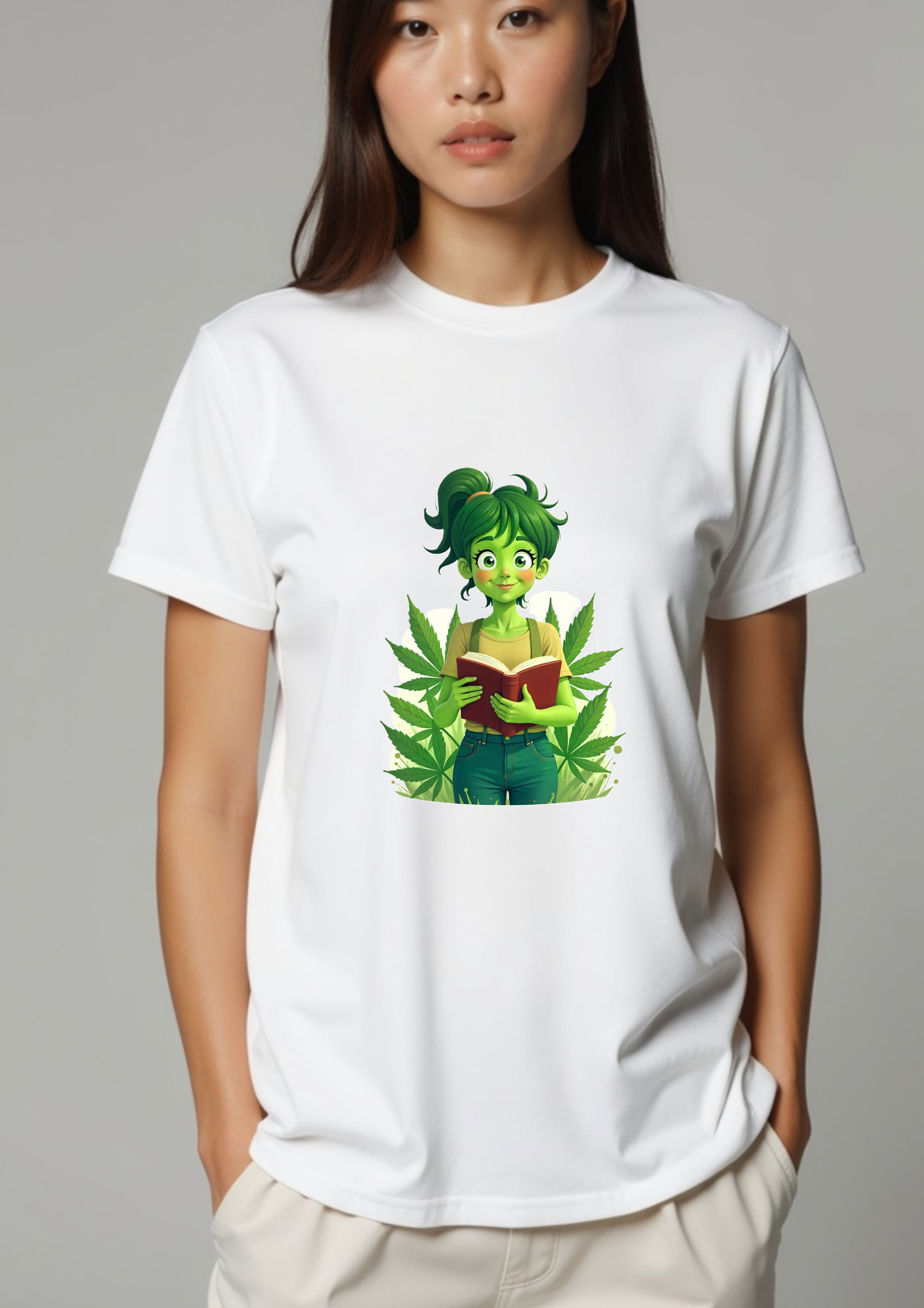 Playera de caricatura nerd femenina entusiasta del cannabis