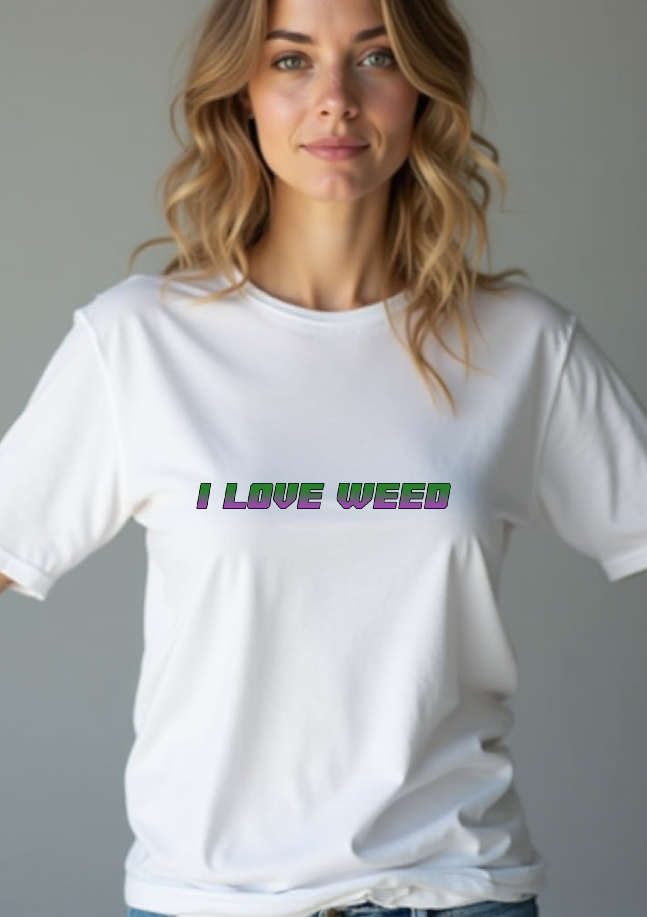Playera con la frase I Love Weed en morado y verde retro futurista
