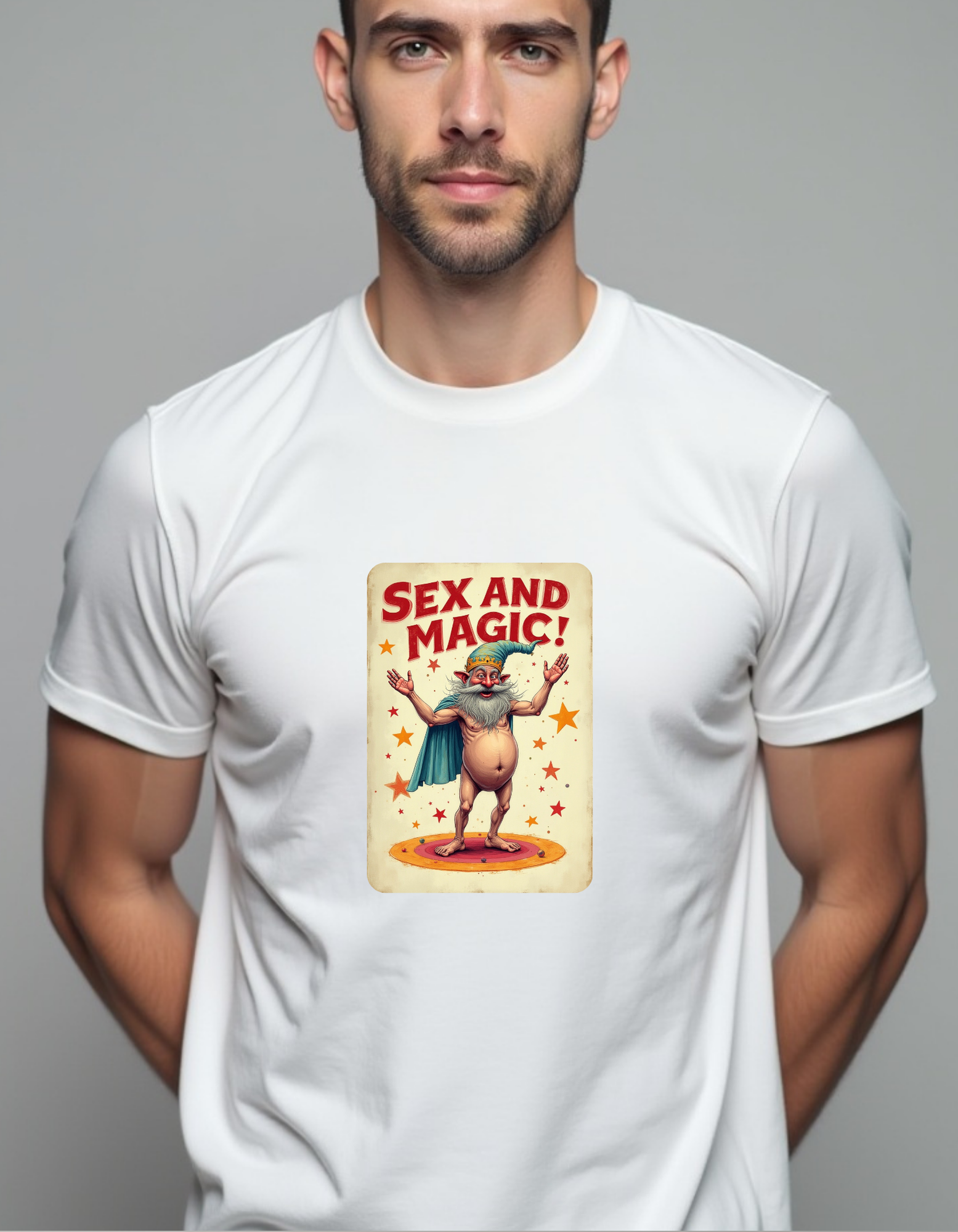 Playera con la frase Sex and Magic, con caricatura de fantasia
