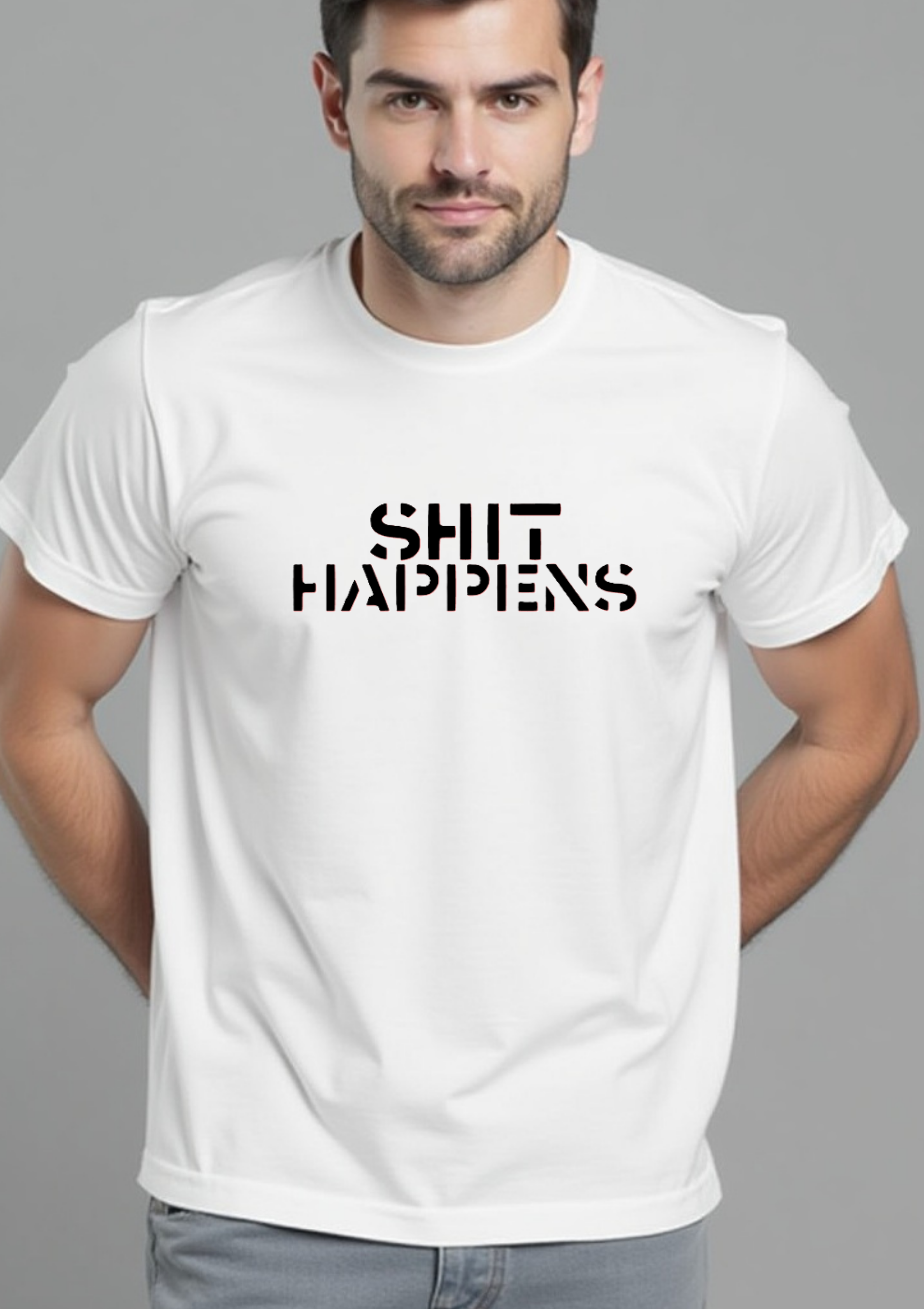 Playera con la frase Shit Happens estilo minimalista casual