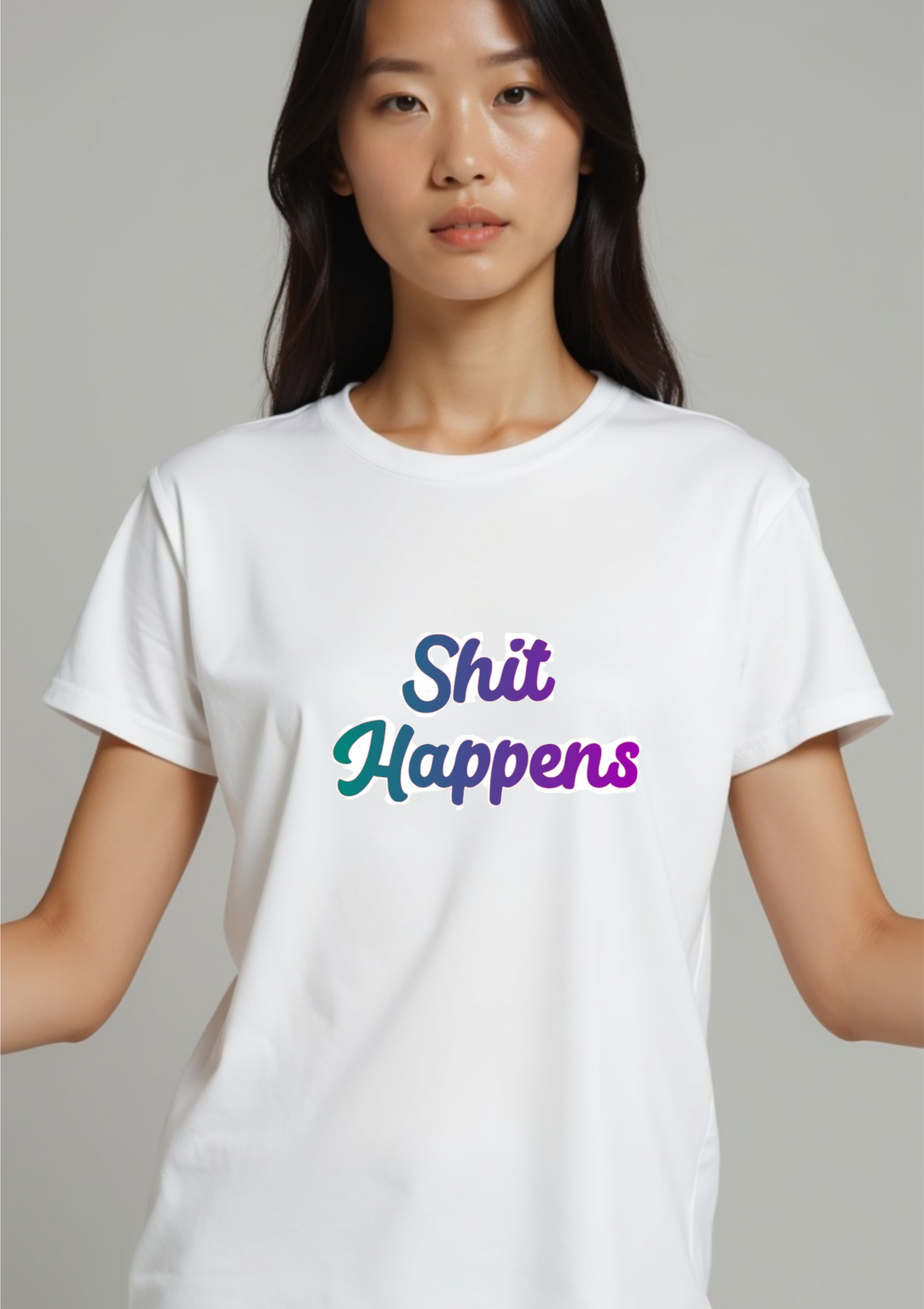 Playera con la frase Shit Happens en letras azules degradadas