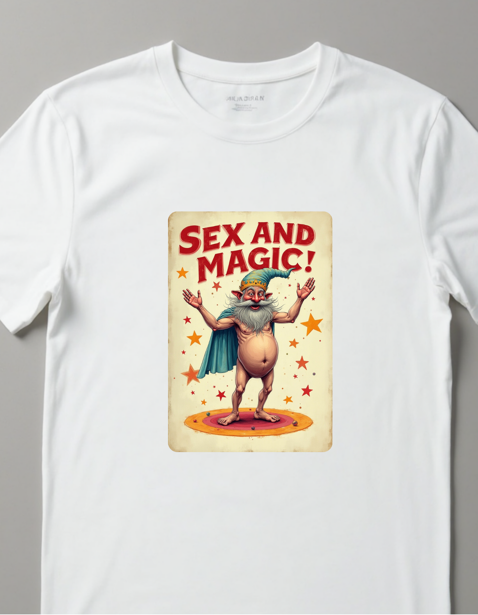 Playera con la frase Sex and Magic, con caricatura de fantasia