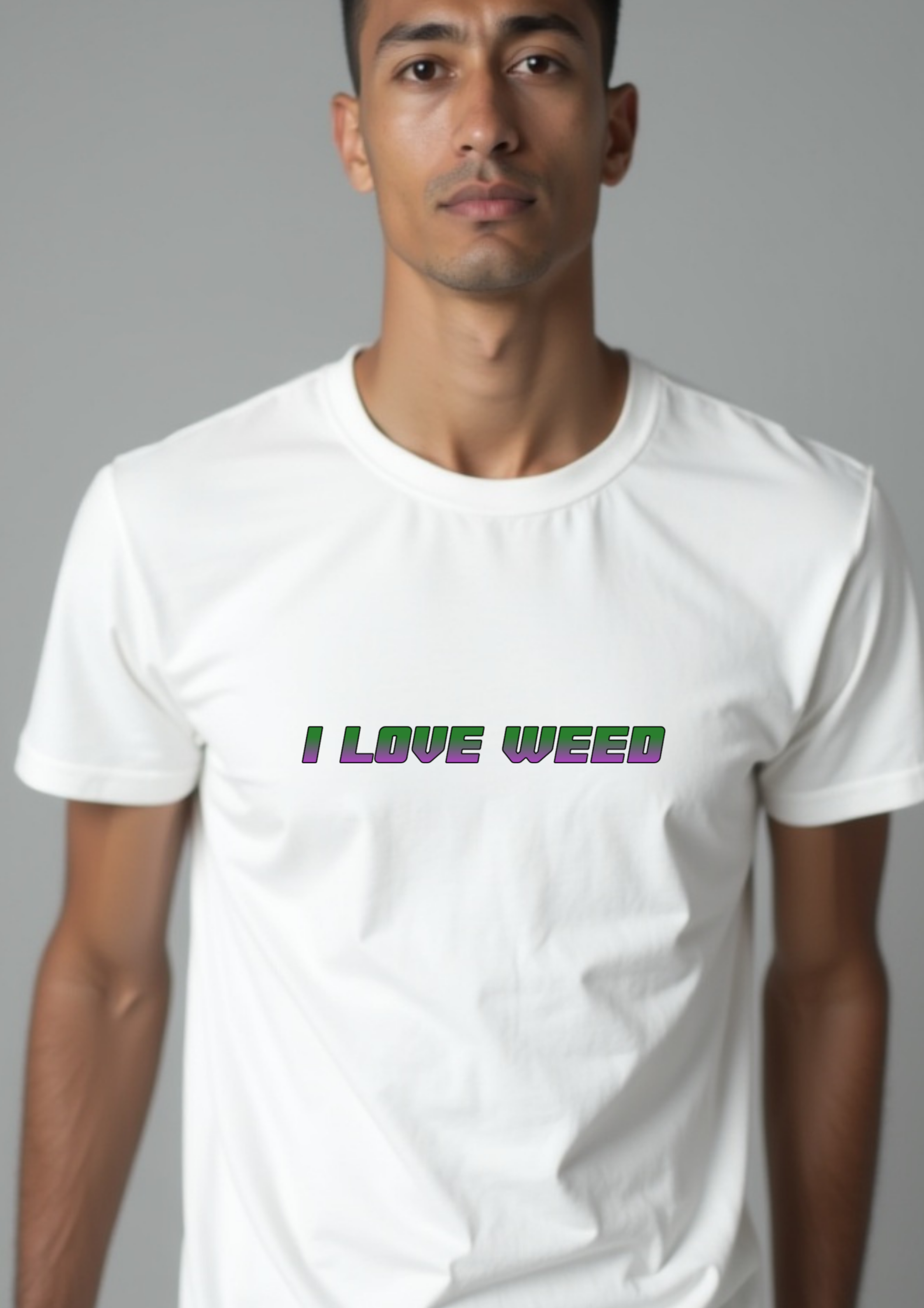Playera con la frase I Love Weed en morado y verde retro futurista