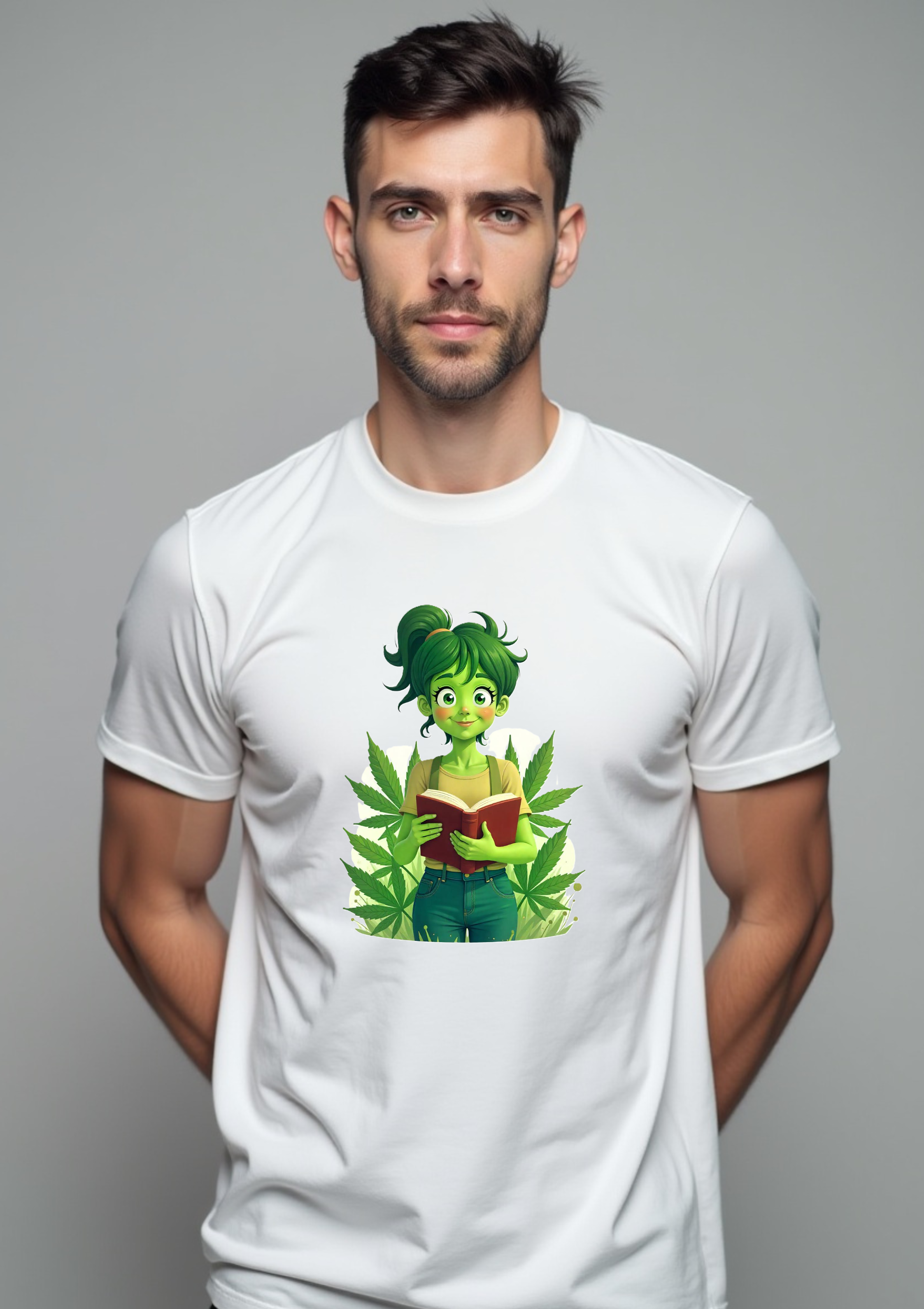 Playera de caricatura nerd femenina entusiasta del cannabis