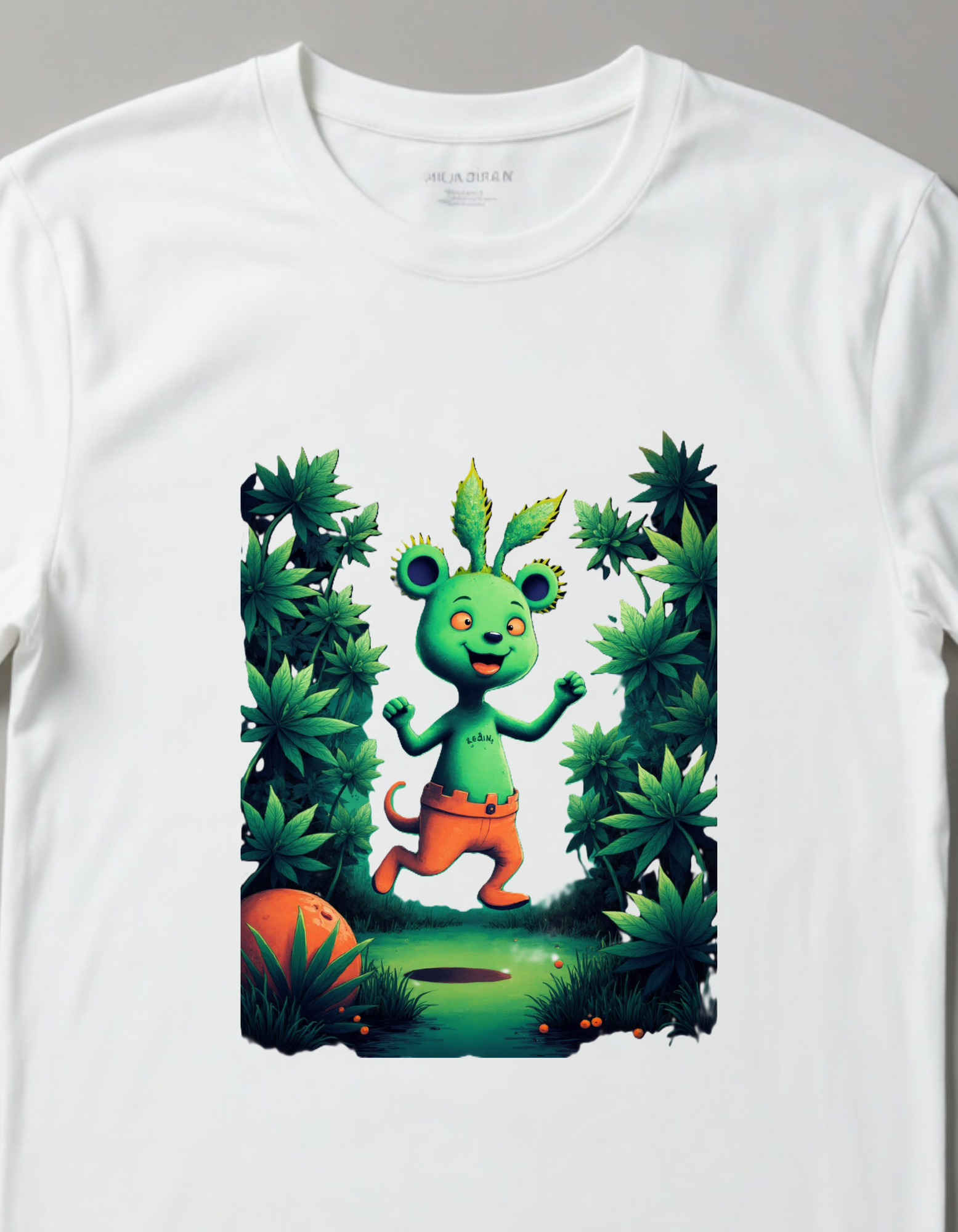 Playera con imagen de caricatura en un bosque de marihuana