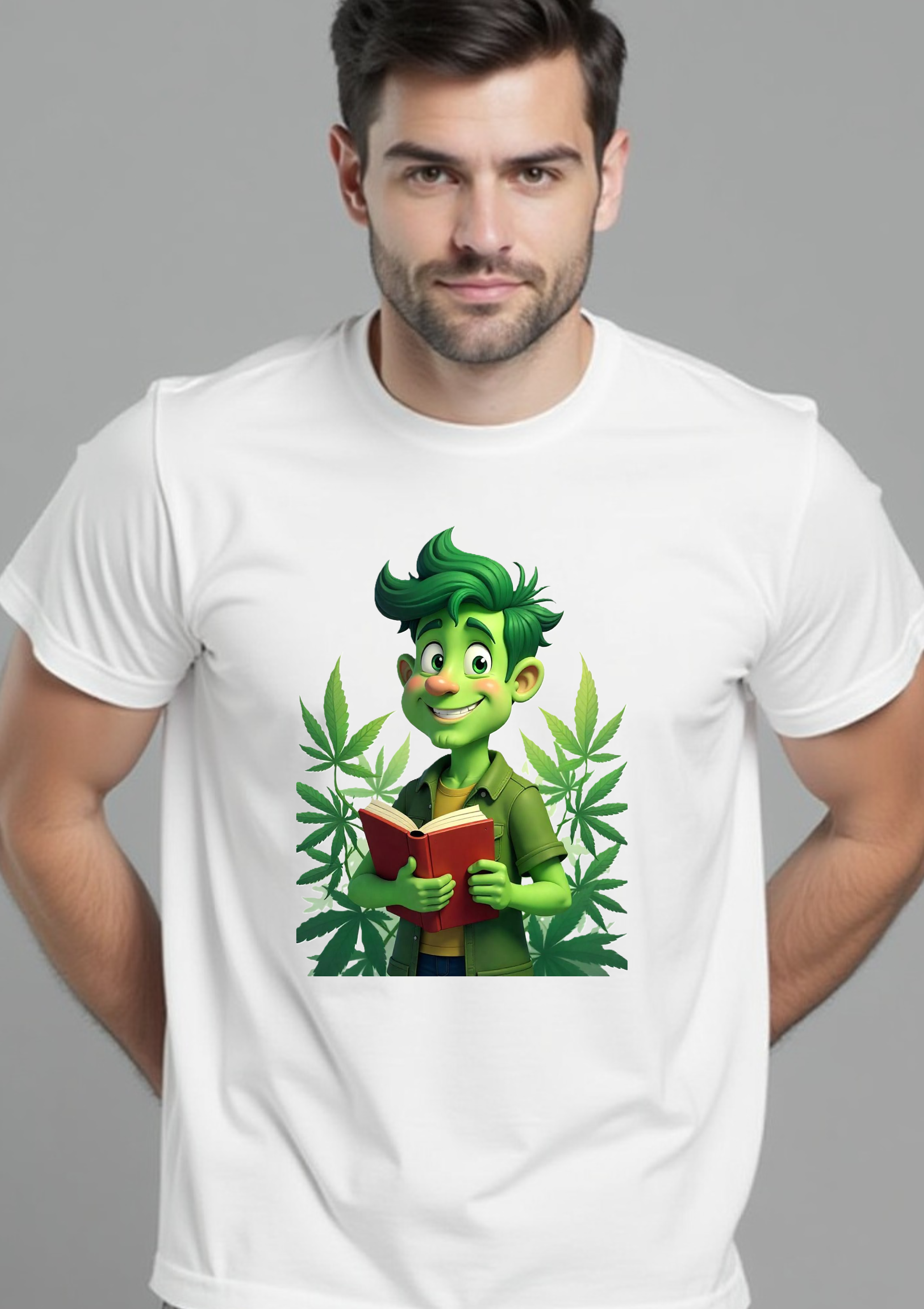 Playera de caricatura nerd masculina entusiasta del cannabis