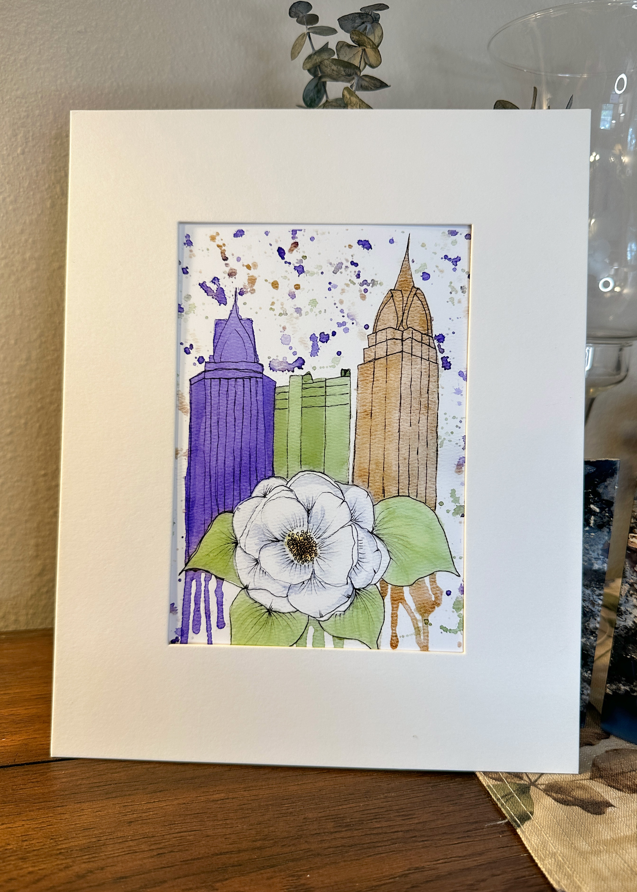 Limited Edition Mobile Mardi Gras Skyline Print - Camellia and Cityscape Watercolor, 25 Signed and Numbered