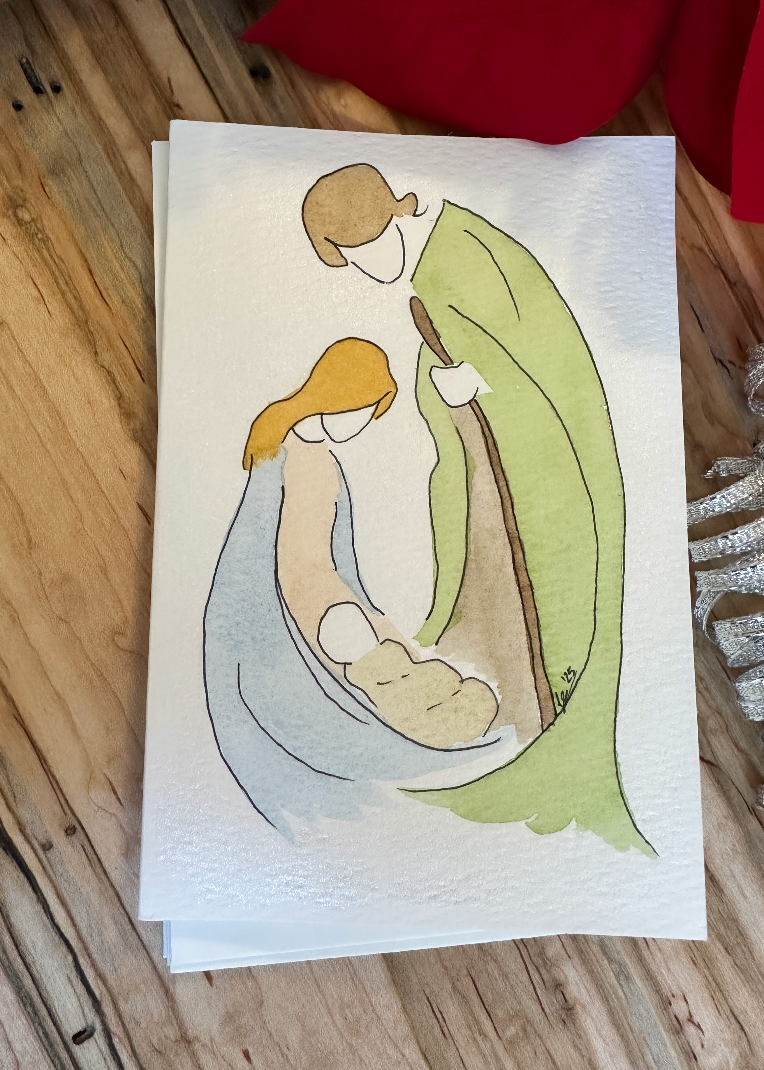 Hand-Painted Christmas Card Set - Watercolor Nativity Scene with Mary, Joseph, and Baby Jesus, Set of 4 Originals with Envelopes