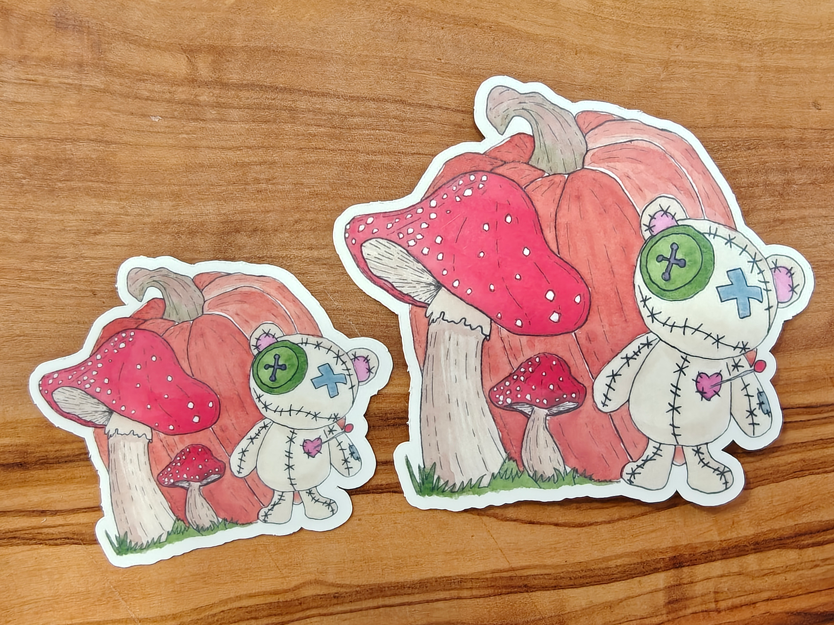 Voodoo Teddy Bear Sticker with Pumpkin and Toadstools | Creepy Cute Watercolor Doll | 2", 2.5", or 3" Vinyl Waterproof Sticker