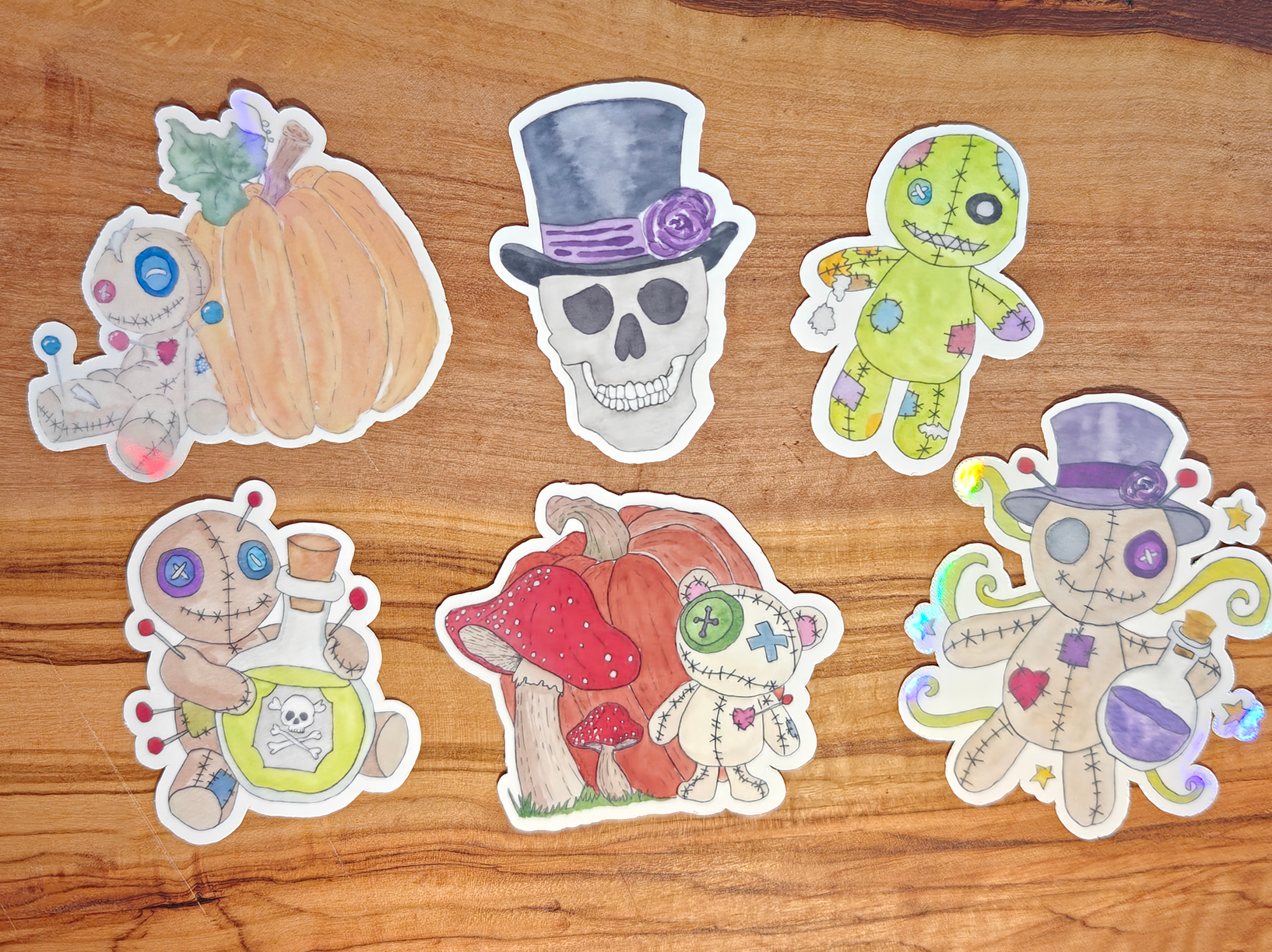 Voodoo Sticker Pack | Creepy Cute Watercolor Dolls and Skulls | Set of 6 Vinyl Waterproof Stickers in 2", 2.5", or 3" Tall