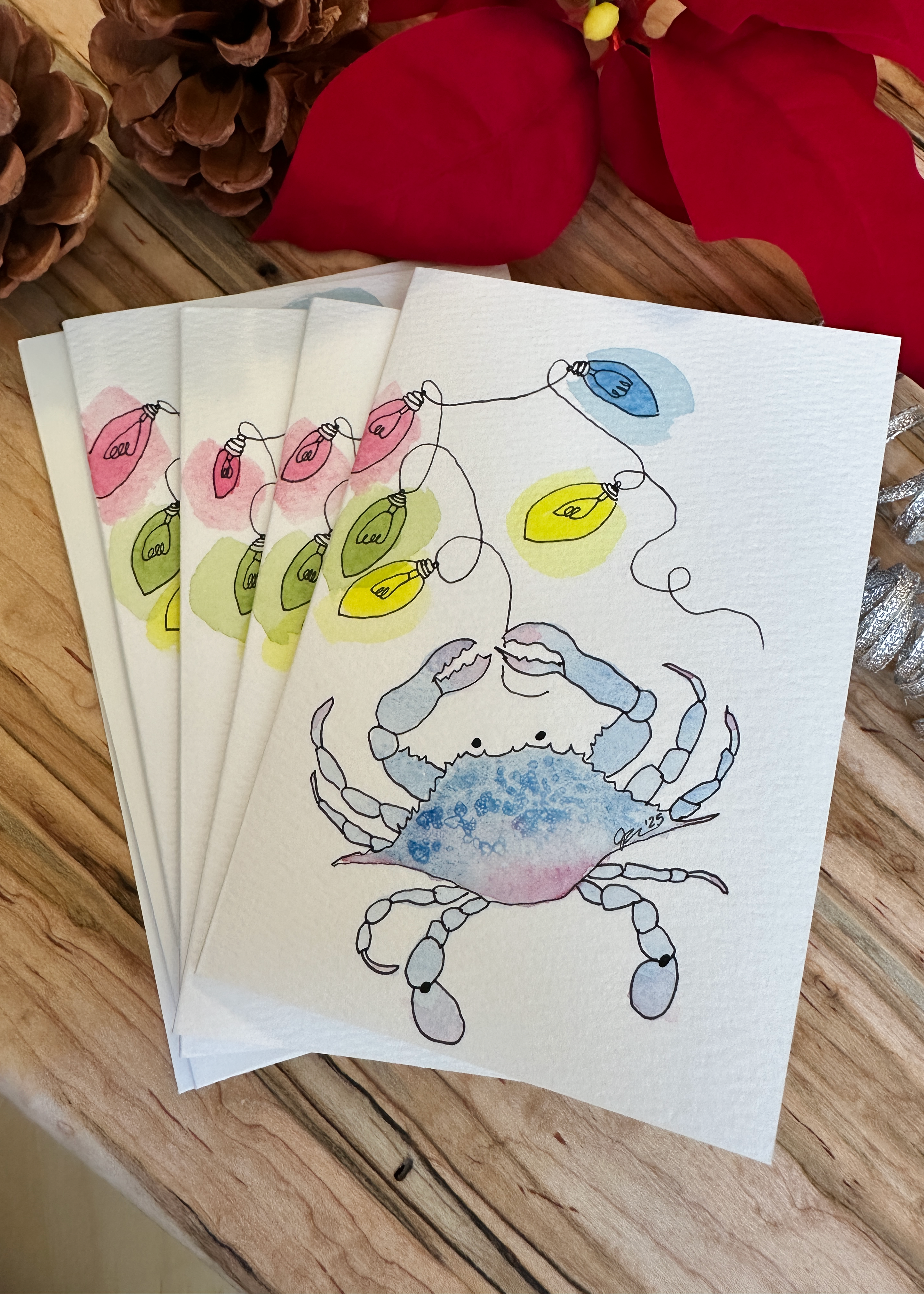 Hand-Painted Coastal Christmas Card Set - Watercolor Blue Crab with Holiday Lights, Set of 4 Originals with Envelopes