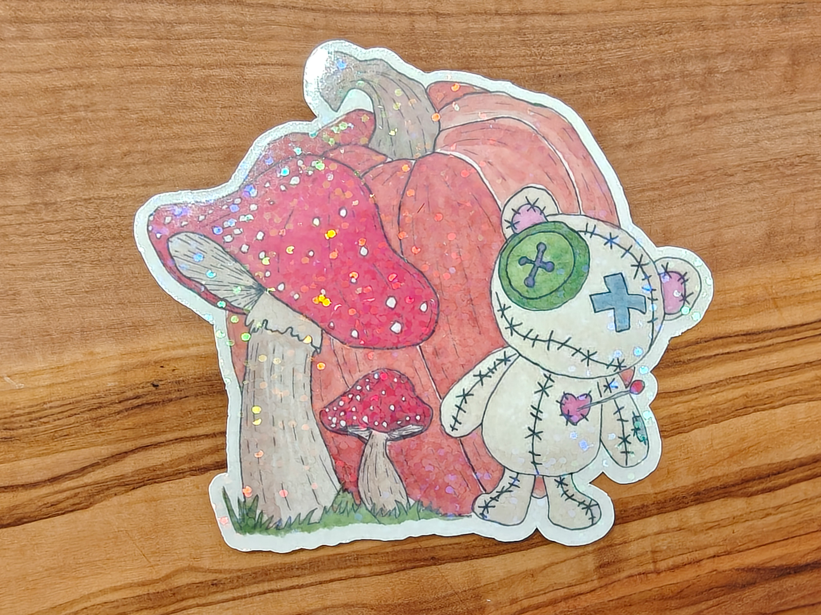 Voodoo Teddy Bear Sticker with Pumpkin and Toadstools | Creepy Cute Watercolor Doll | 2", 2.5", or 3" Vinyl Waterproof Sticker