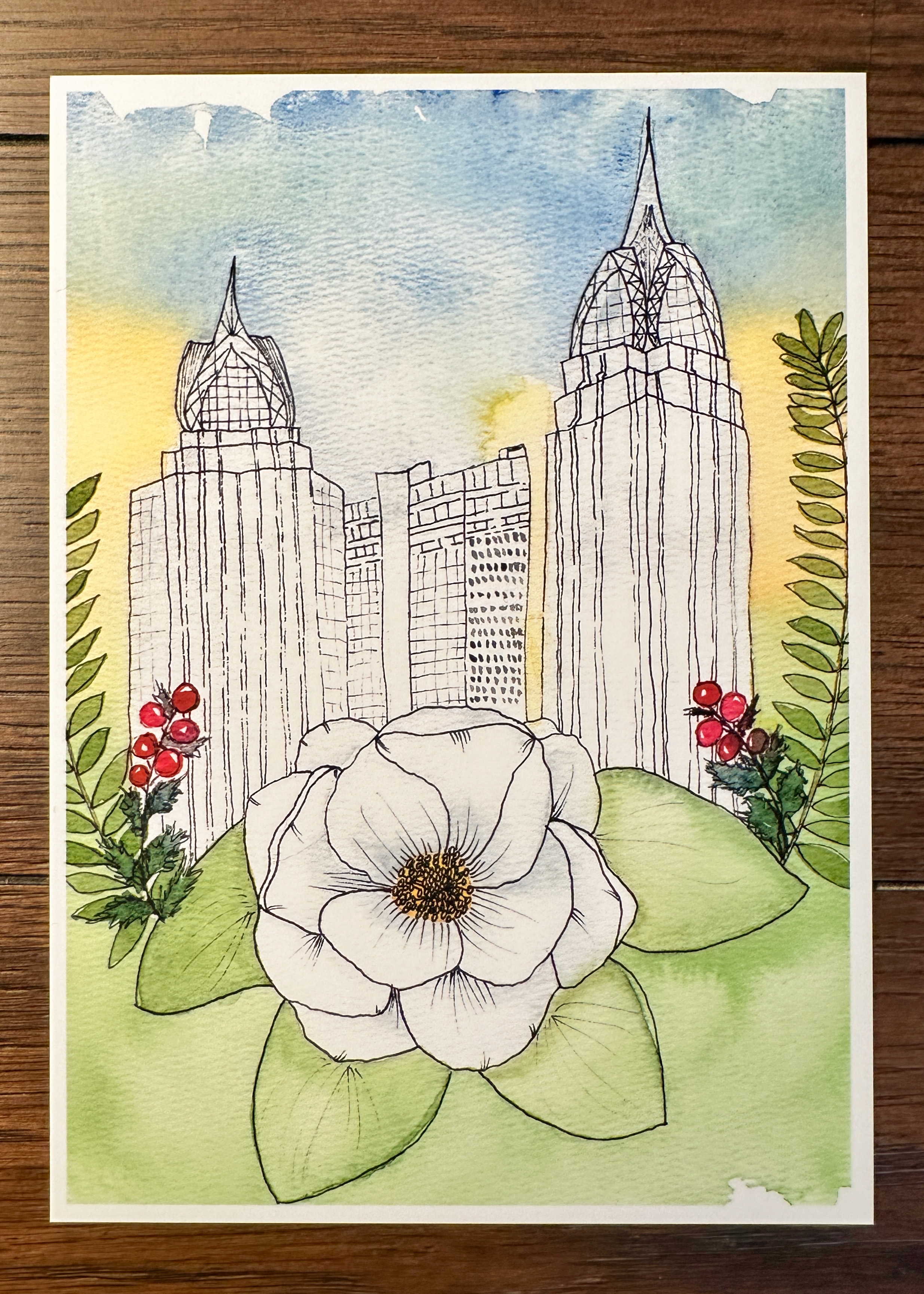 Mobile Alabama Skyline Print - Camellia and Downtown Architecture Watercolor Art