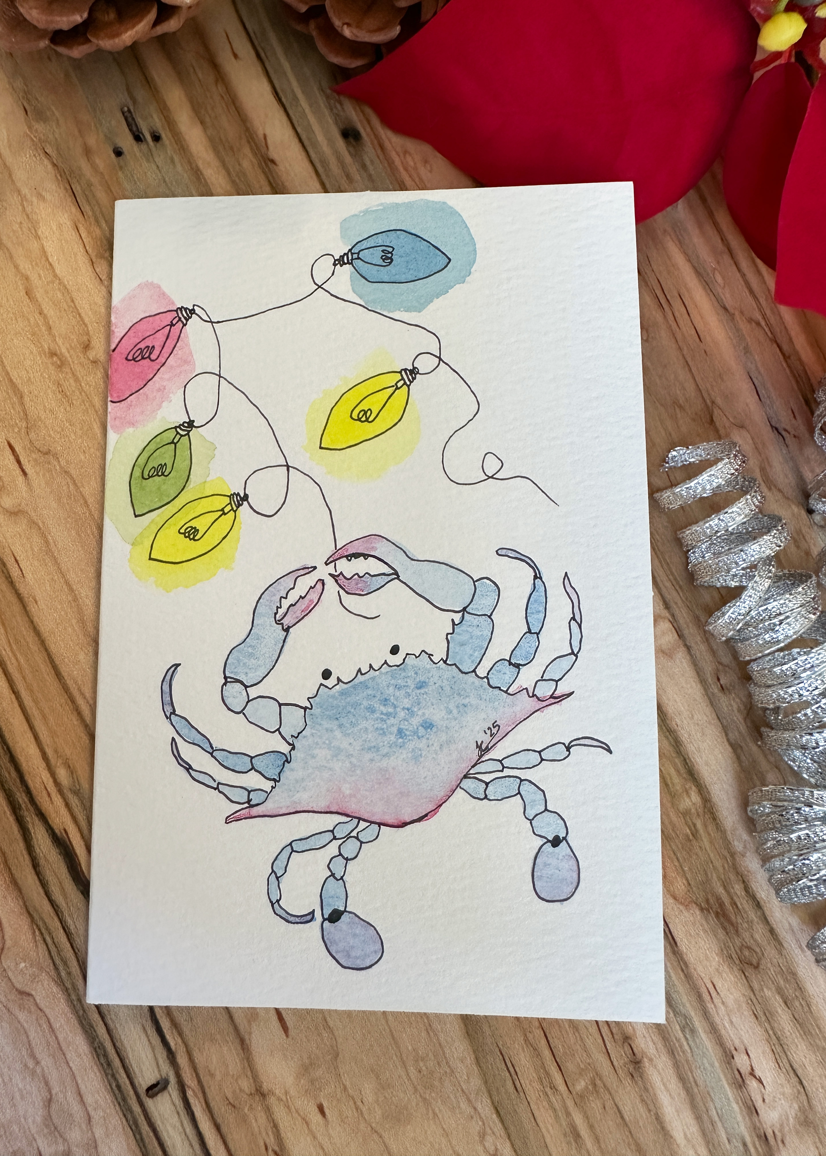 Hand-Painted Coastal Christmas Card Set - Watercolor Blue Crab with Holiday Lights, Set of 4 Originals with Envelopes