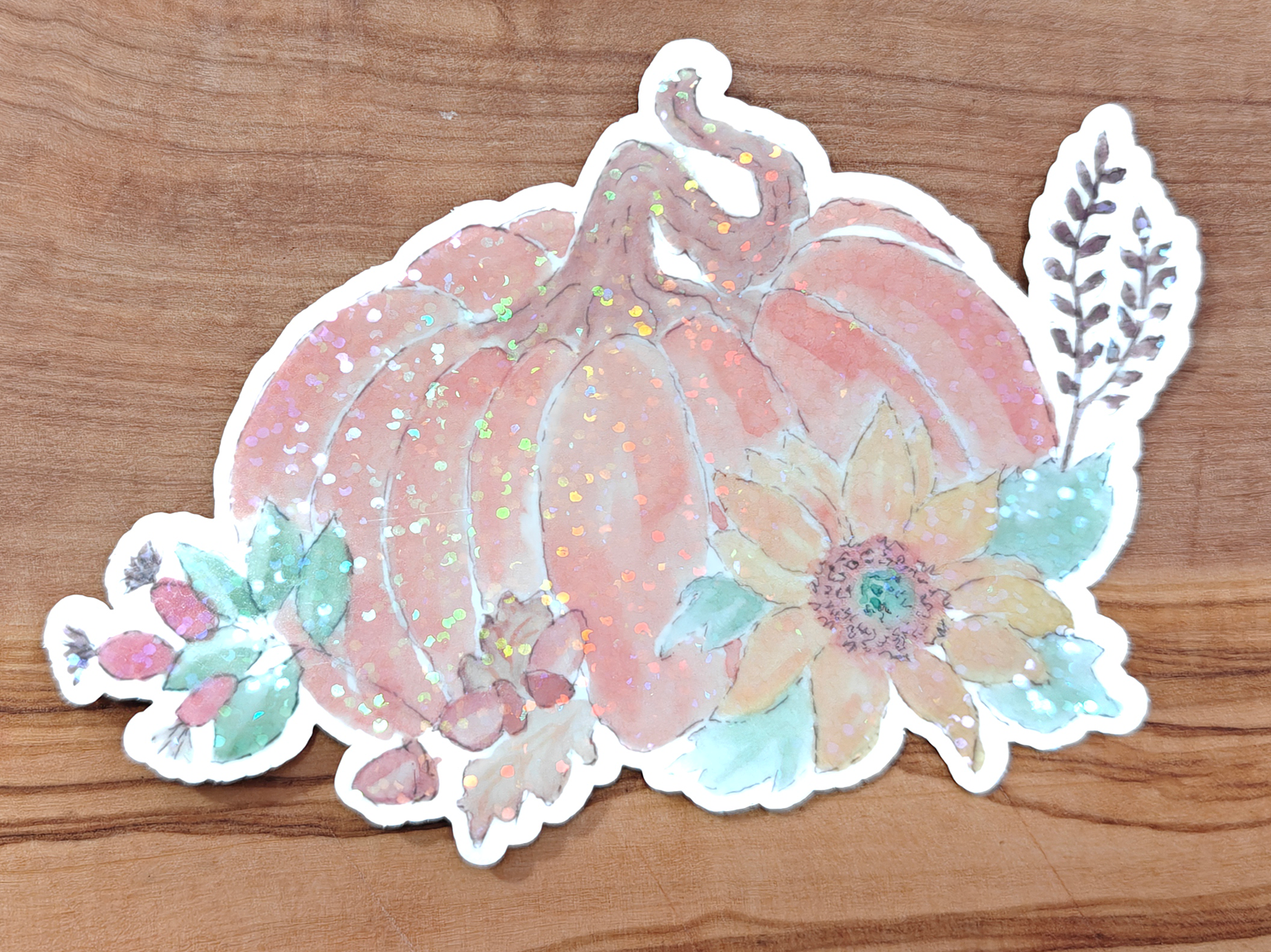 Pumpkin Floral Sticker | Watercolor Pumpkin with Sunflower, Rose Hips, Acorns, and Leaves | 2", 2.5", or 3" Vinyl Waterproof Sticker