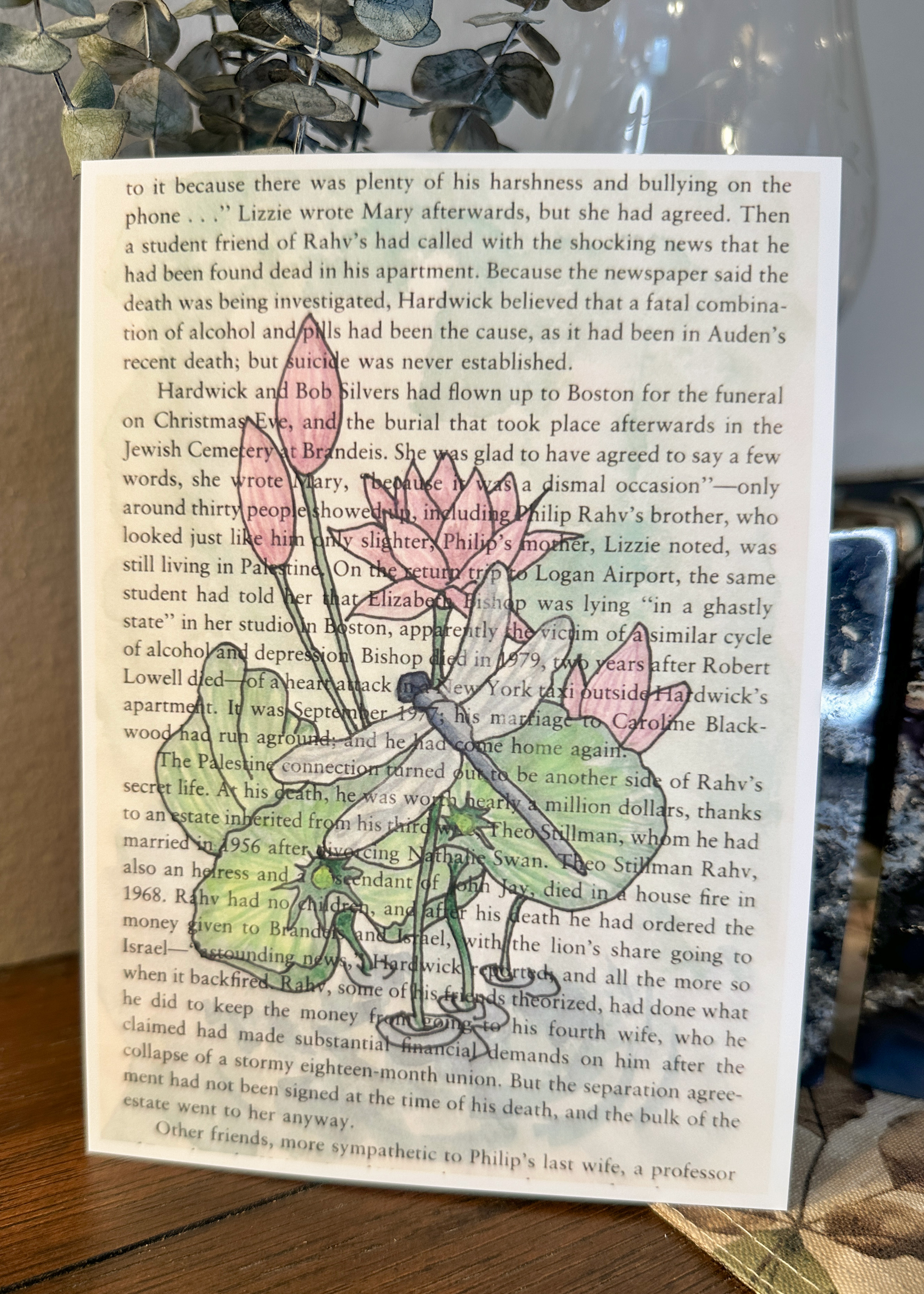 Dragonfly and Lily Watercolor Print - Botanical Illustration on Vintage Book Page