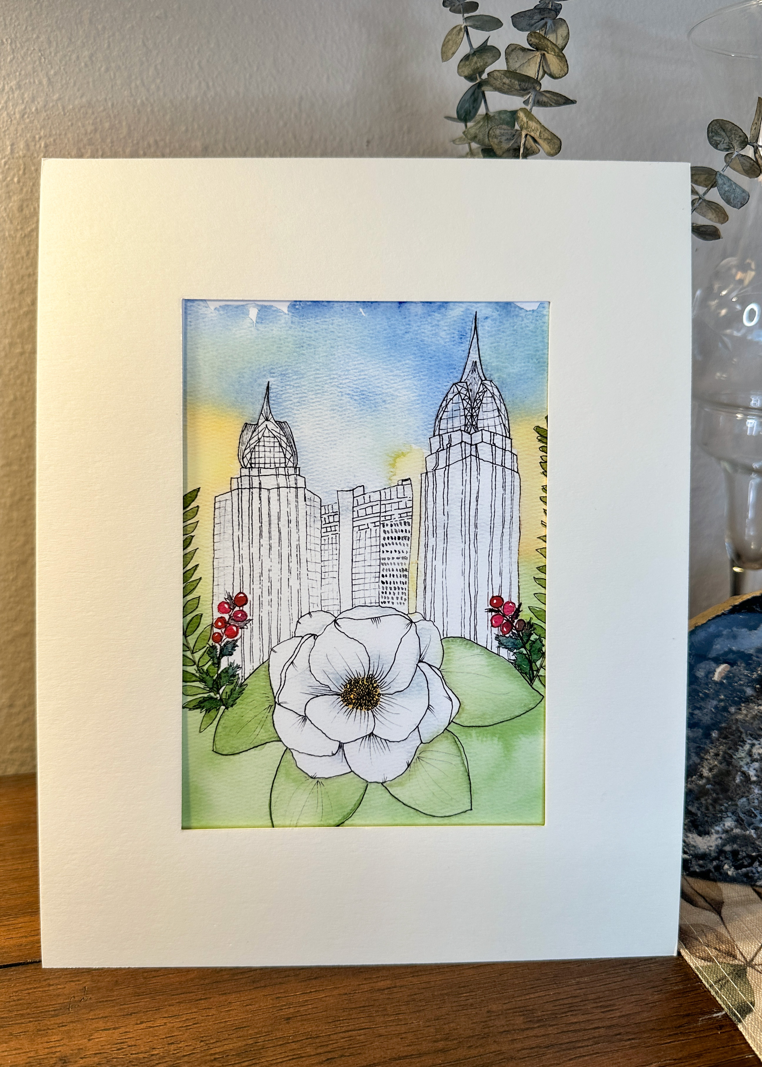 Mobile Alabama Skyline Print - Camellia and Downtown Architecture Watercolor Art