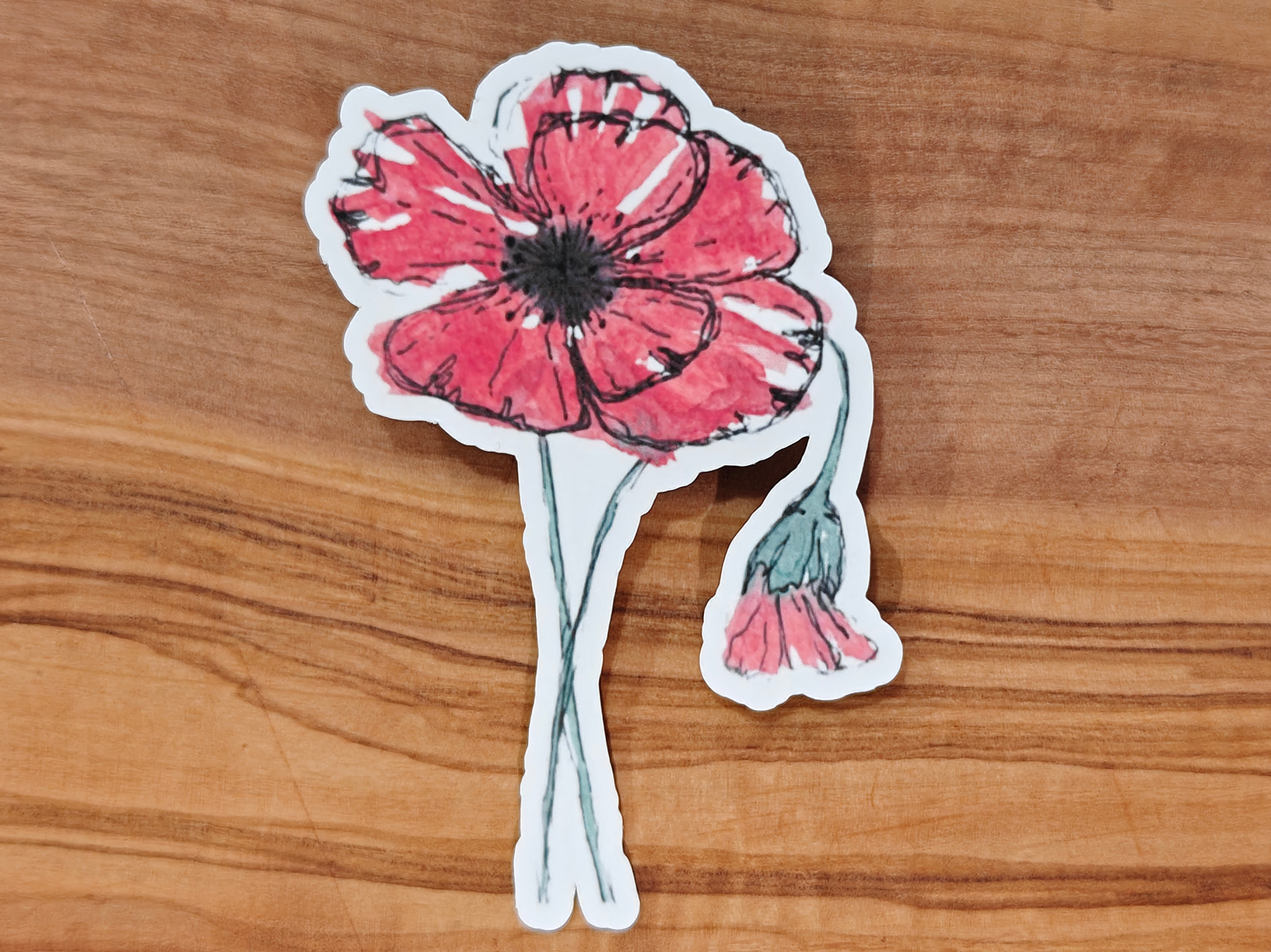 Red Poppy Sticker | Loose Watercolor Line and Wash Flower with Drooping Bud | 2", 2.5", or 3" Vinyl Waterproof Sticker