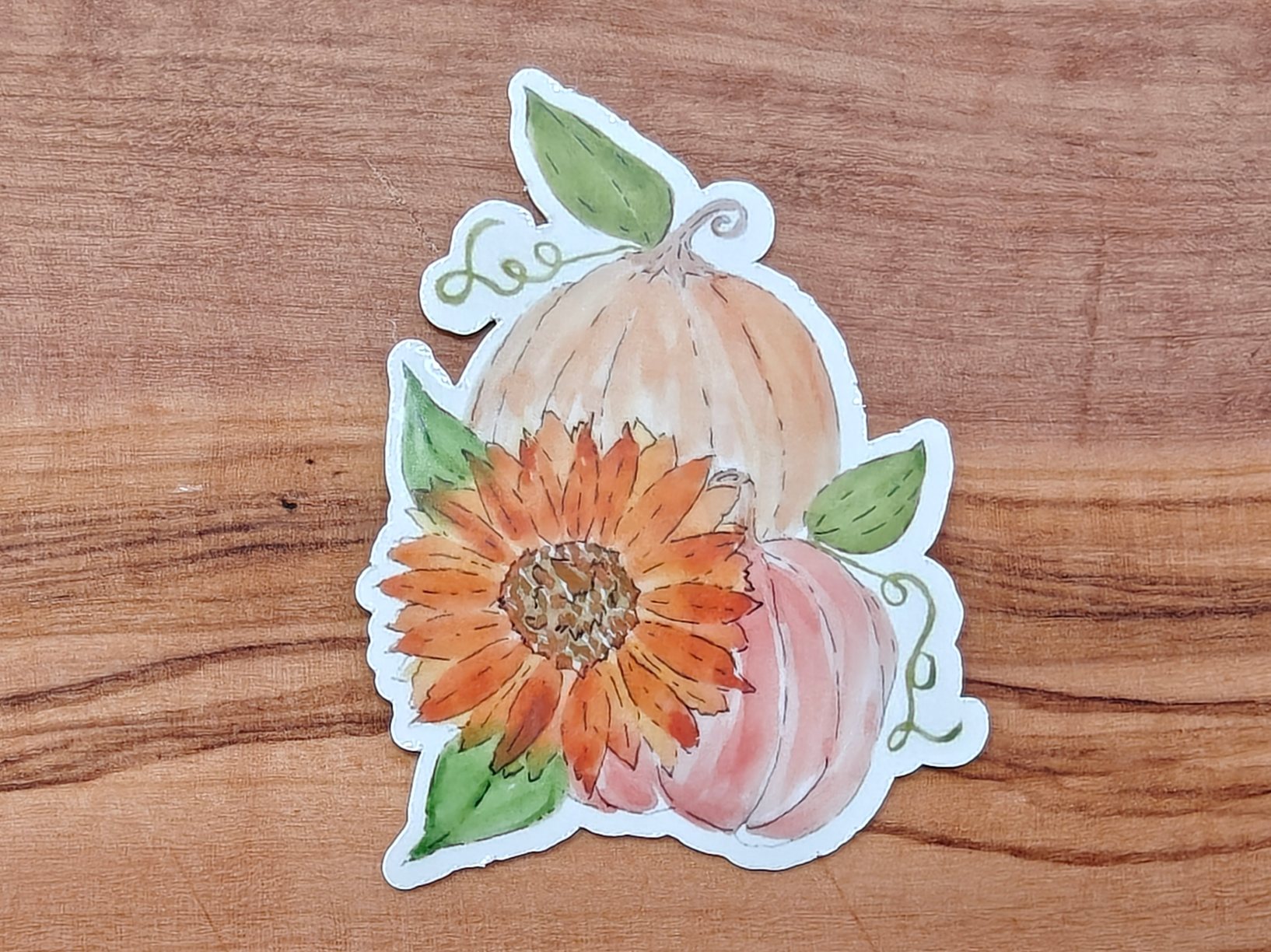 Pumpkin Floral Sticker | Watercolor Two Pumpkins with Sunflower | 2", 2.5", or 3" Vinyl Waterproof Sticker