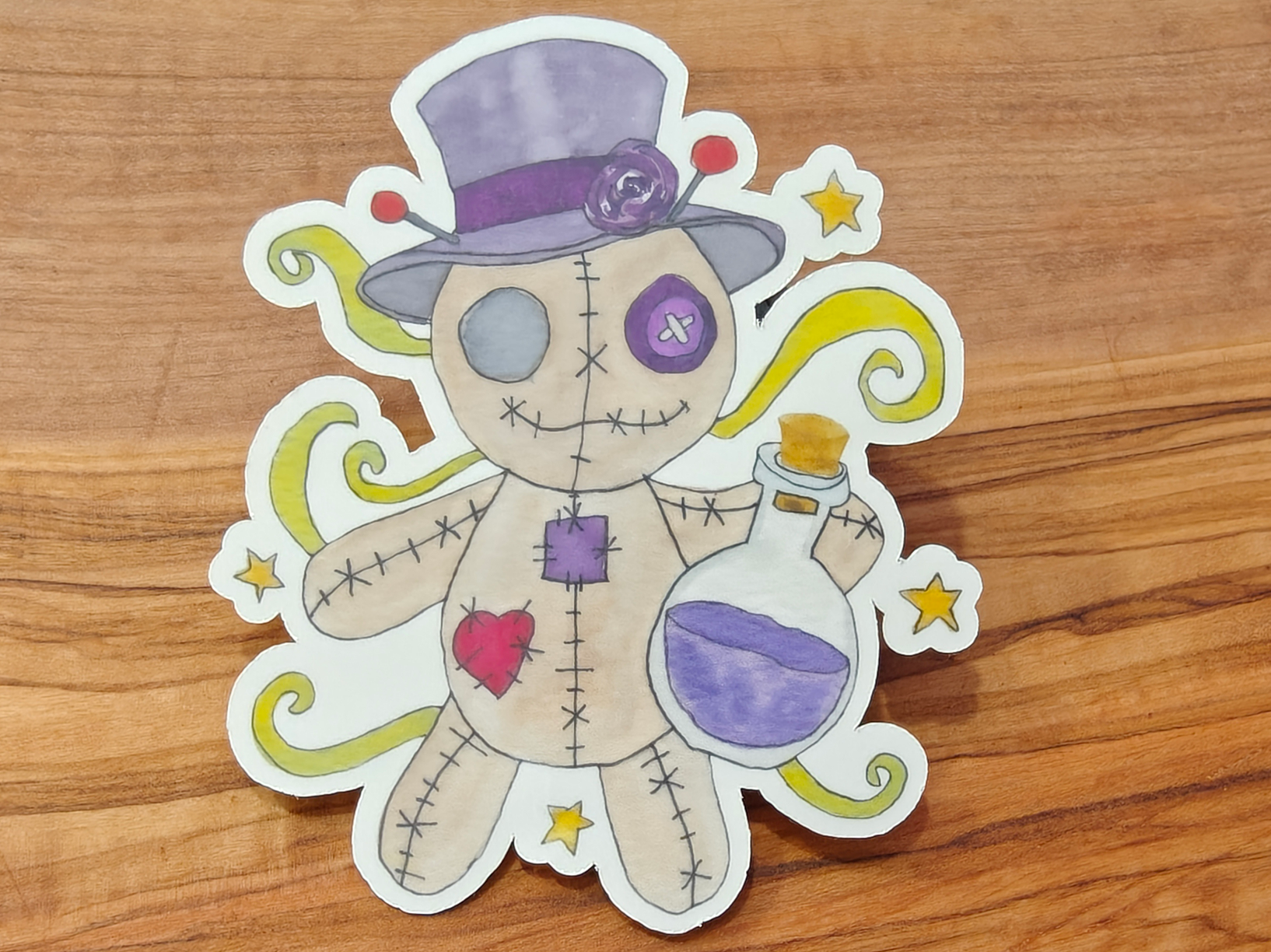 Voodoo Sticker Pack | Creepy Cute Watercolor Dolls and Skulls | Set of 6 Vinyl Waterproof Stickers in 2", 2.5", or 3" Tall