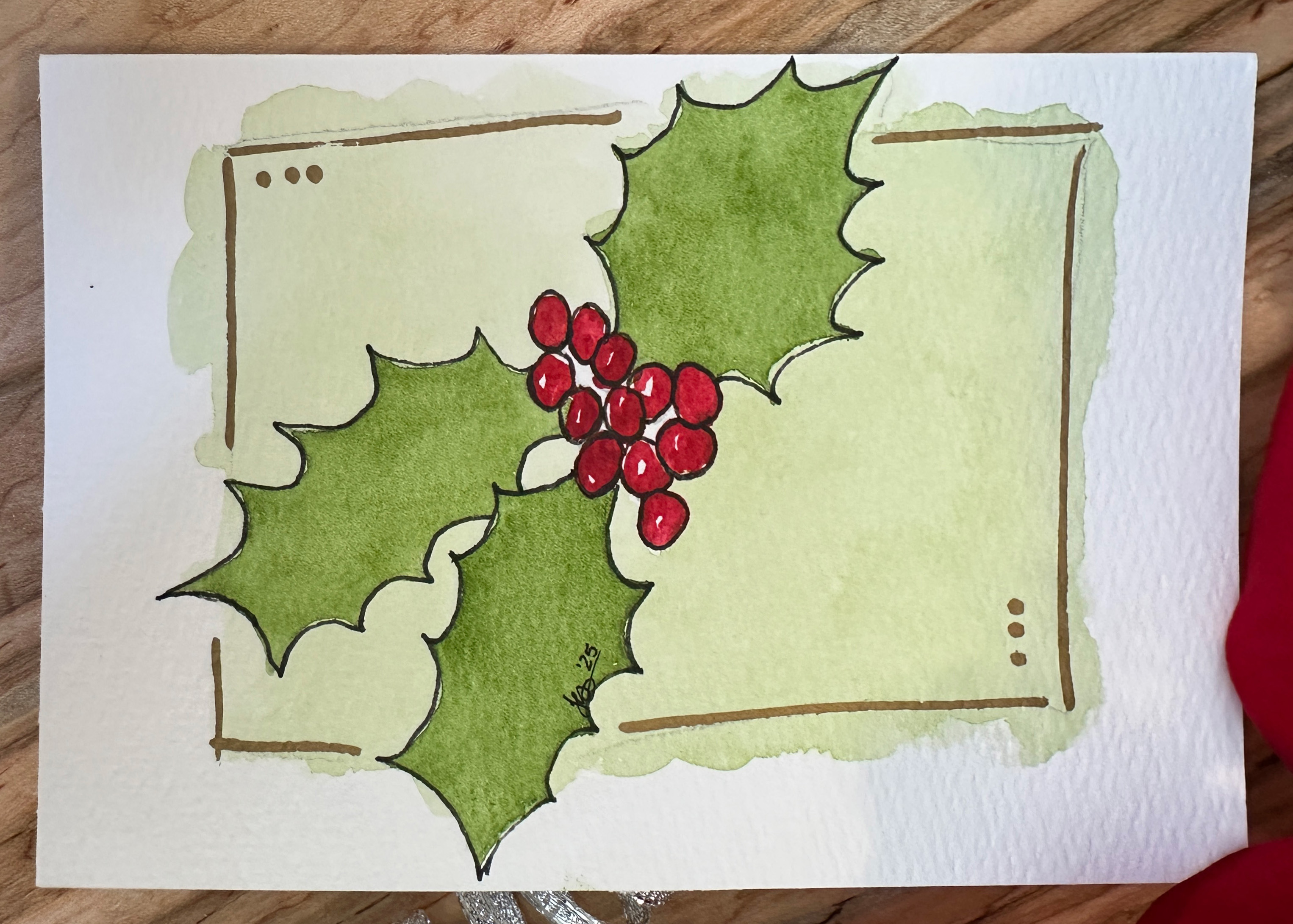 Hand-Painted Christmas Card Set - Watercolor Holly and Berries Design, Set of 4 Originals with Envelopes