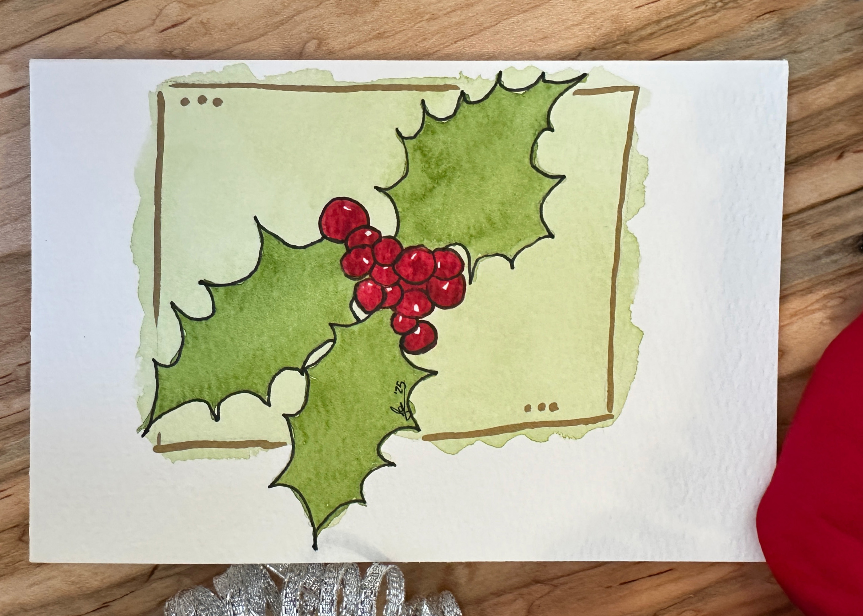 Hand-Painted Christmas Card Set - Watercolor Holly and Berries Design, Set of 4 Originals with Envelopes