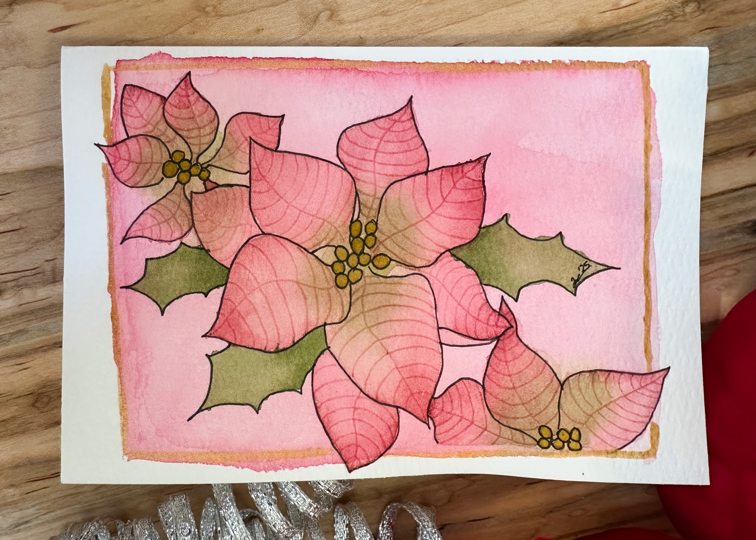Hand-Painted Christmas Card Set – Watercolor Pink Poinsettias with Holly Accents, Set of 4 Originals with Envelopes