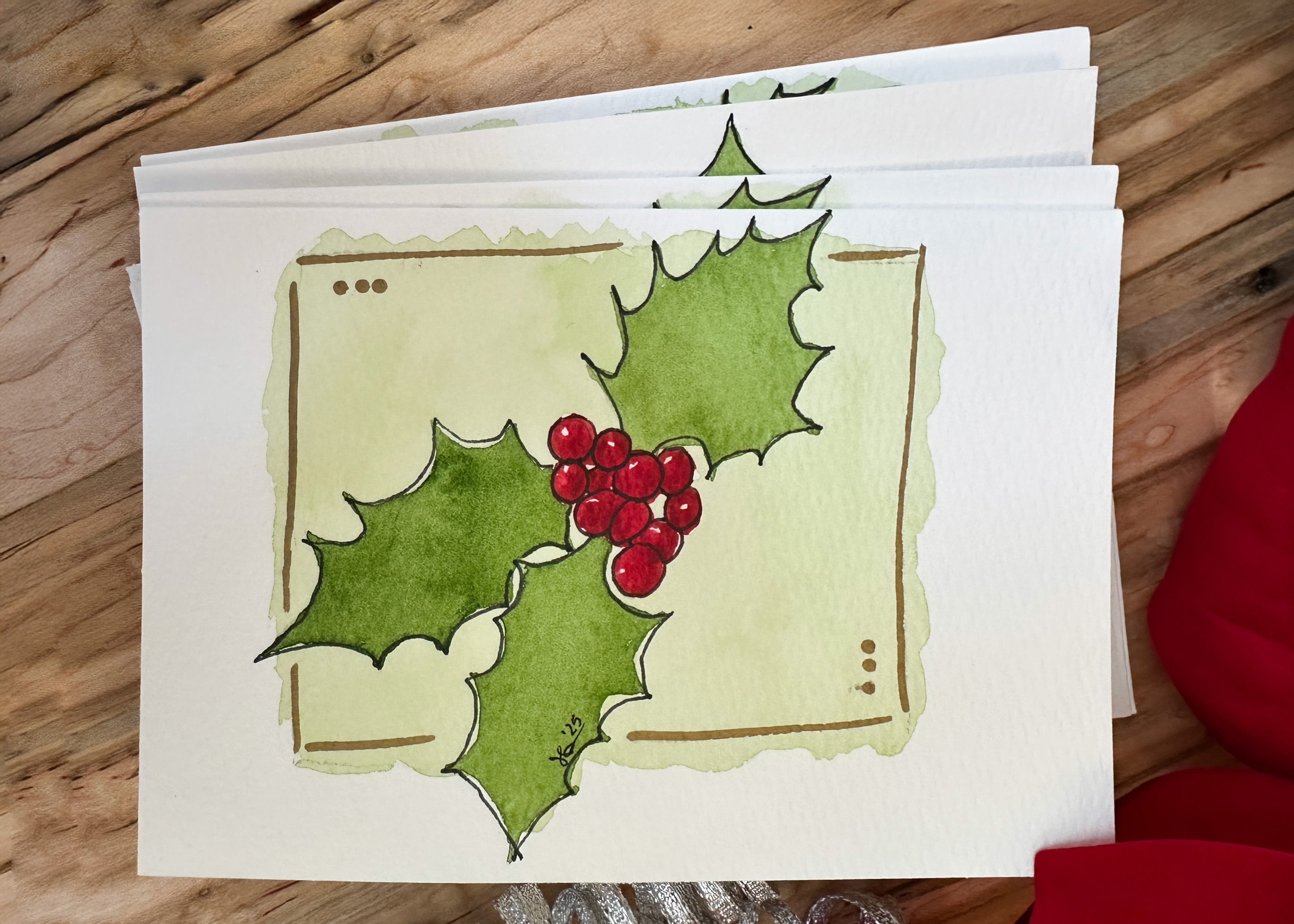 Hand-Painted Christmas Card Set - Watercolor Holly and Berries Design, Set of 4 Originals with Envelopes