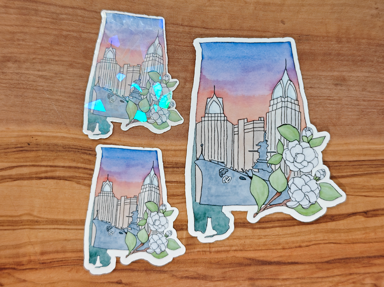 Alabama Cityscape Sticker | Mobile AL Skyline with USS Alabama and Camellia | 2", 2.5", or 3" Vinyl Waterproof State Art