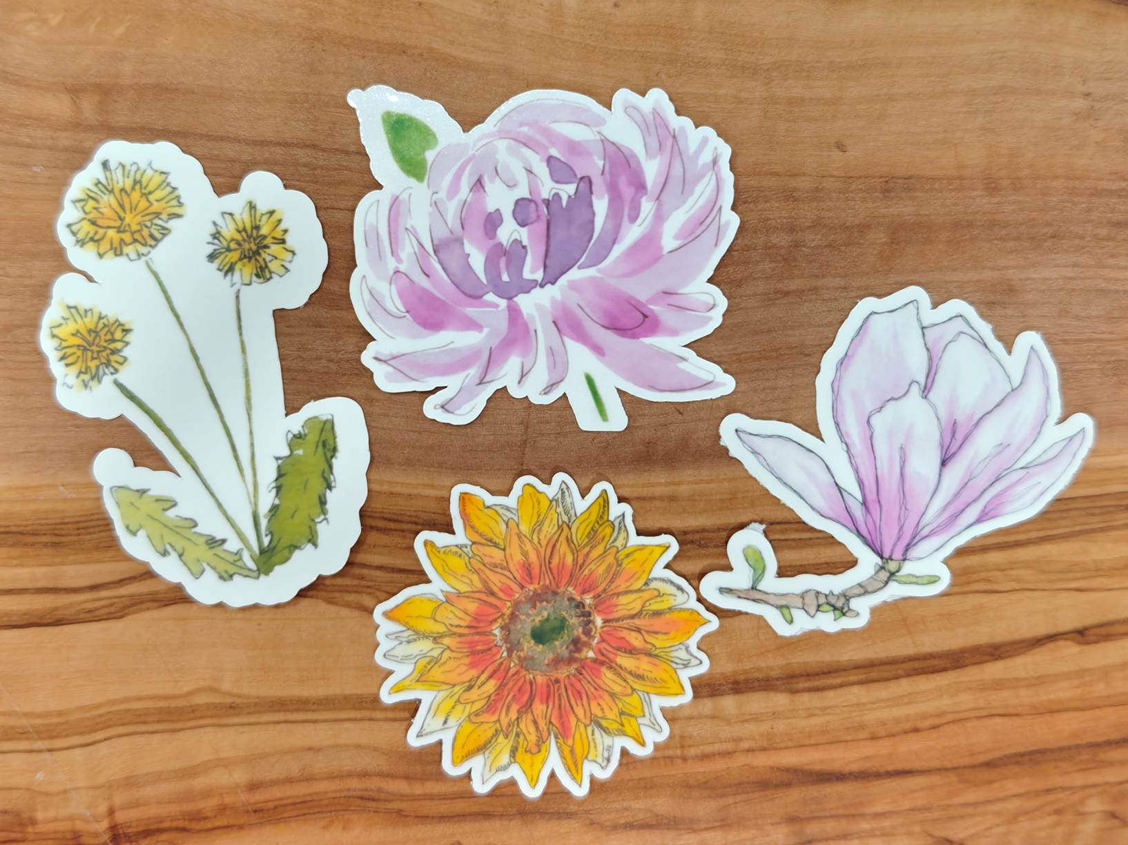 Botanical Sticker Pack | Watercolor Sunflower, Japanese Magnolia, Dandelion, and Mum | Set of 4 Vinyl Waterproof Stickers in 2", 2.5", or 3" Tall
