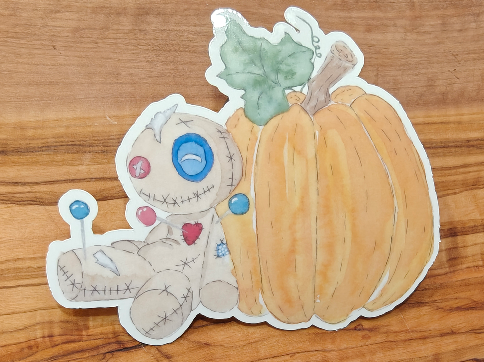 Voodoo Doll Sticker with Pumpkin | Creepy Cute Watercolor Sitting Doll | 2", 2.5", or 3" Vinyl Waterproof Sticker