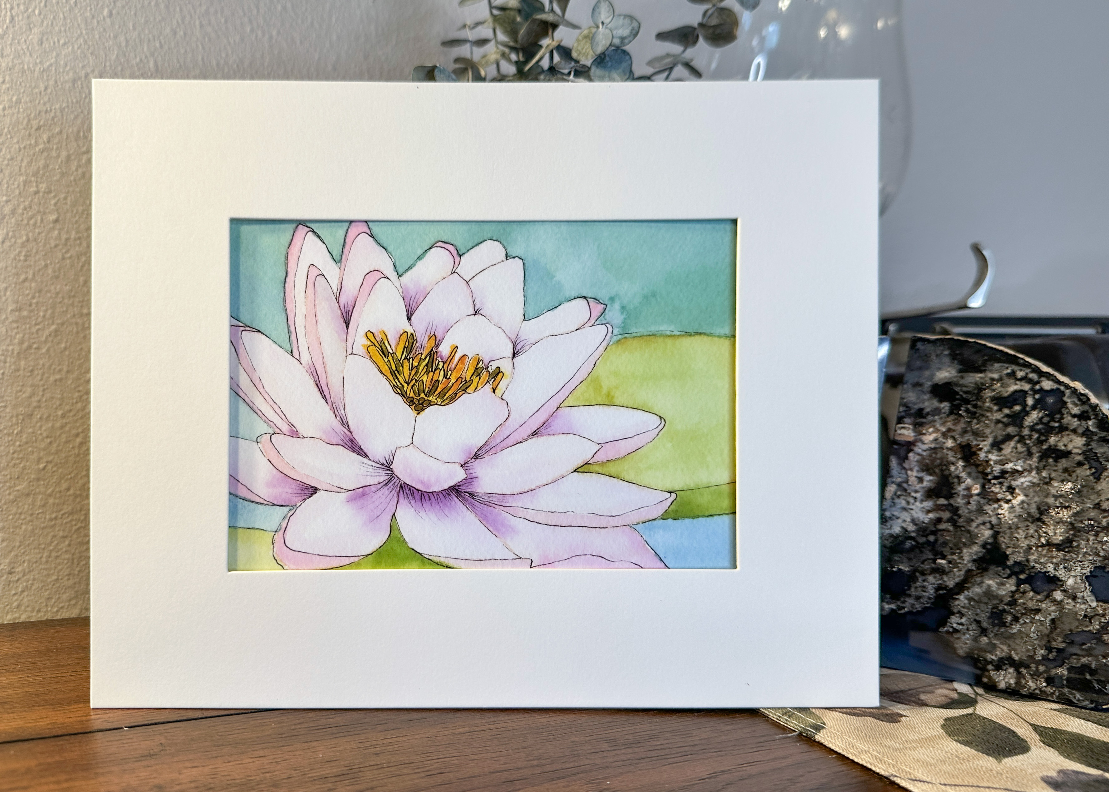Water Lily Watercolor Print - Line and Wash Botanical Art in Soft Pinks and Greens
