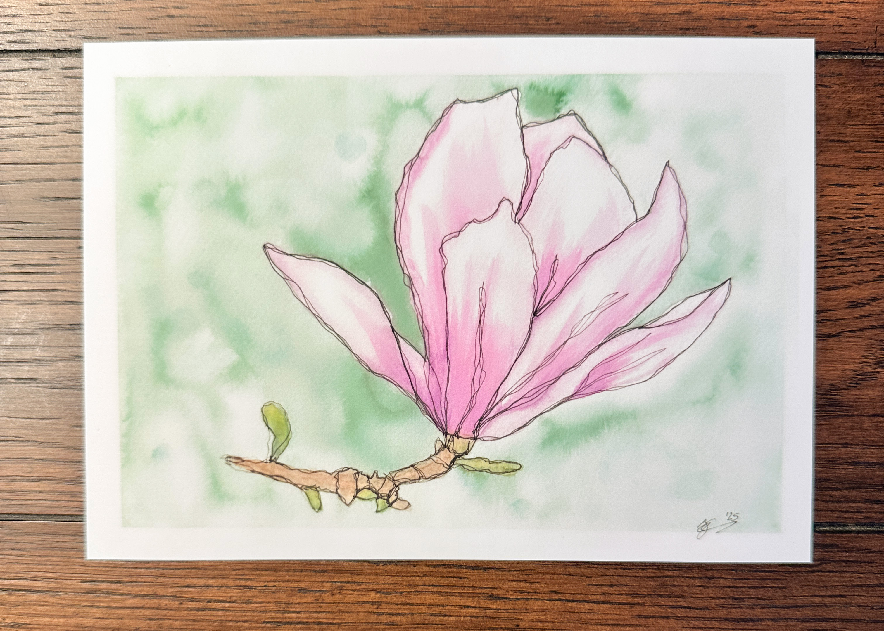 Magnolia Blossom Watercolor Print - Pink Japanese Magnolia Botanical Wall Art