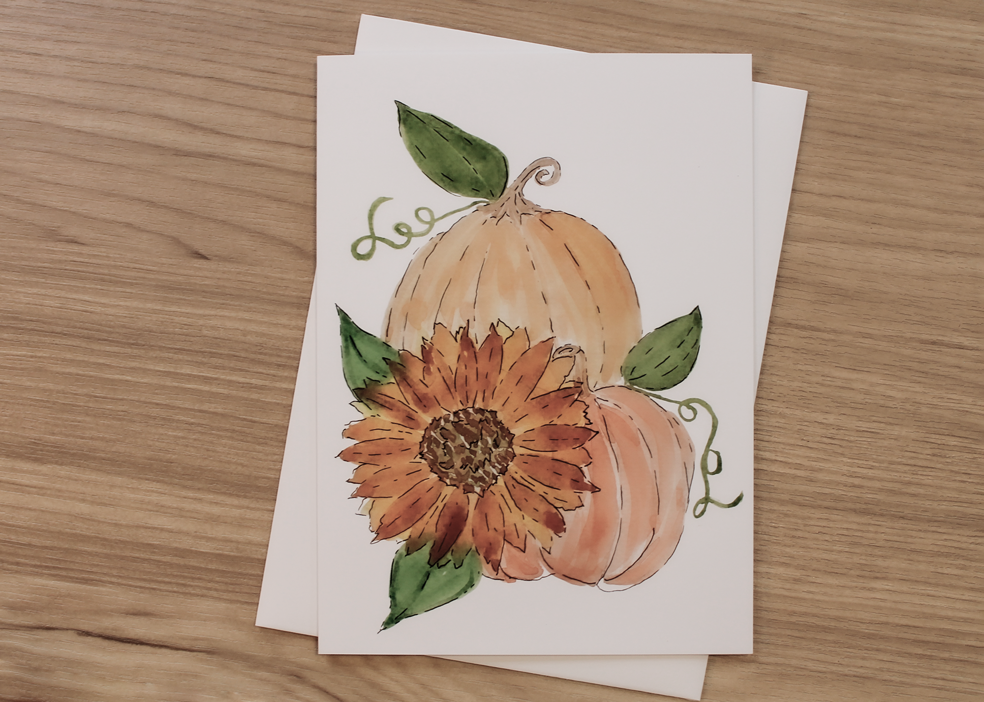 Fall Watercolor Notecards – Pumpkins with Sunflower Design (Set of 4, 5x7 with Envelopes)