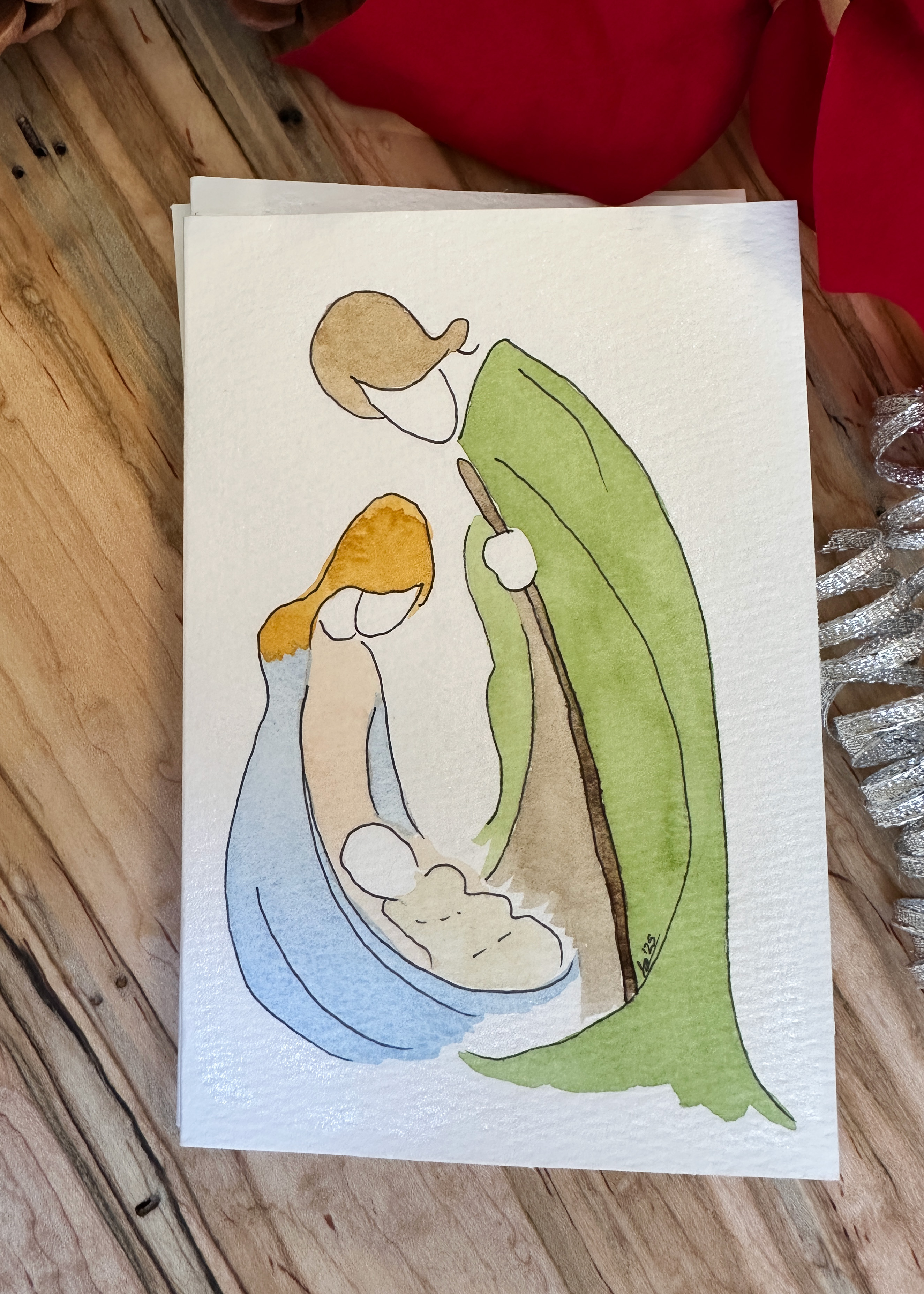 Hand-Painted Christmas Card Set - Watercolor Nativity Scene with Mary, Joseph, and Baby Jesus, Set of 4 Originals with Envelopes